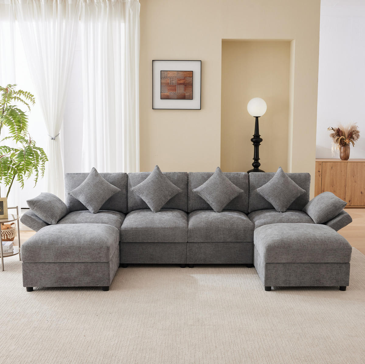 MODULARES Ecksofa 284/156,5/86 cm aus Chenille mit verstellbaren Armlehnen Grau - Grau, Textil (156.5/284cm) - Modenvie