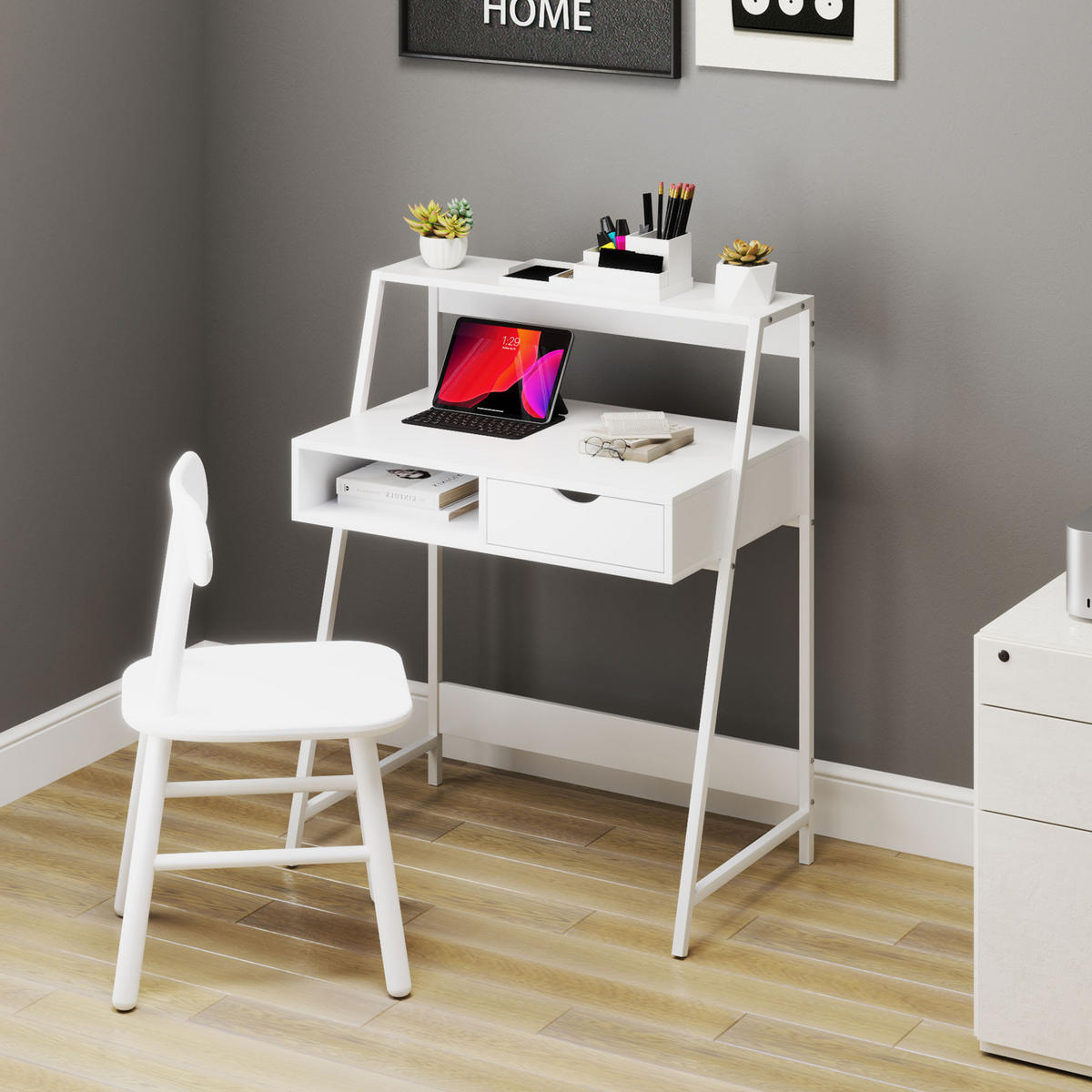 SEKRETÄR SCHREIBTISCH Weiß mit Schublade und Regal 80/50/100 cm - Weiß, Holzwerkstoff (50/80/100cm) - PANGIVO