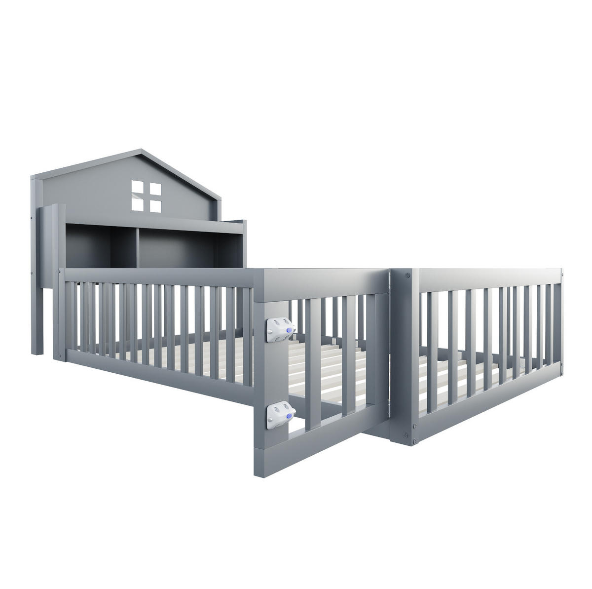 KINDERBETT 90/200 cm mit Hausrahmen, Kreidetafel, Stauraum, Schutzgitter und Tür, Grau - Grau, Holzwerkstoff (90/200cm) - Redom