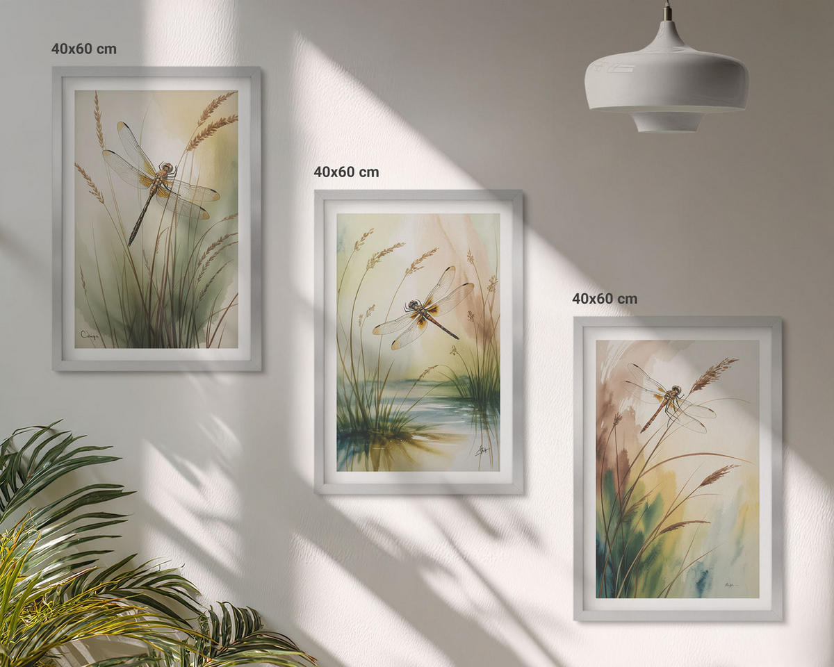 BILDER SET 3er Set - 40x60 cm Silberner Rahmen - Libellen im Gras, Wassermalerei - Silberfarben, Kunststoff (40/60cm) - TULUP