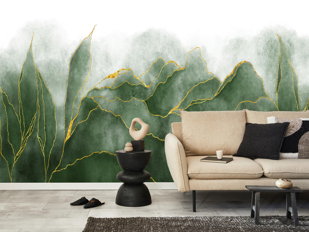 FOTOTAPETE für Schlafzimmer Abstrakte Grüne Aqwarell Blätter Glamour 200x140 - Gelb/Grau, Papier (200/140cm) - Muralo