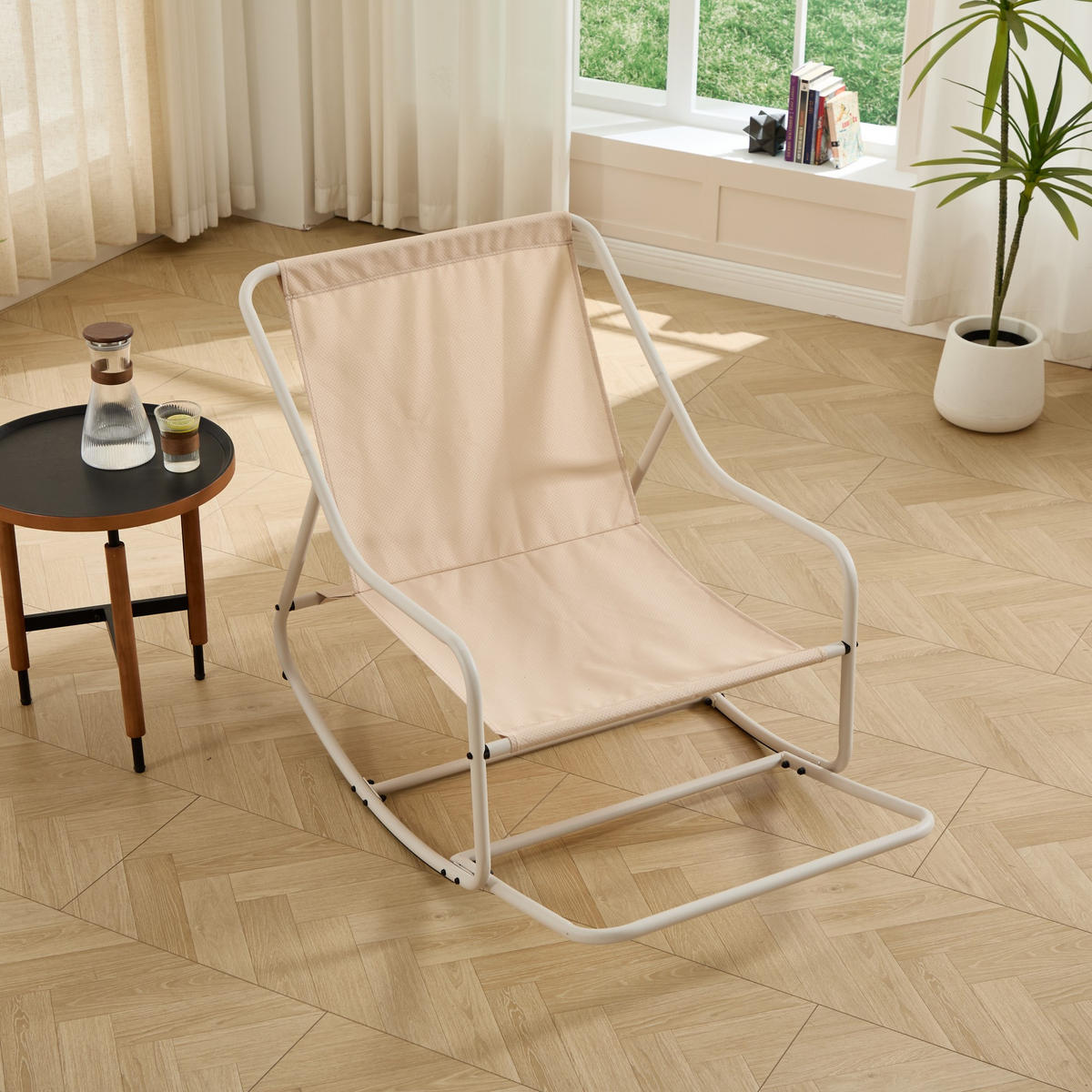 SCHAUKELSTUHL,SCHAUKELSESSEL mit Fußstütze, gepolstertem Kissen,Beige - Beige, Kunststoff/Metall (75/82/116cm) - LVHOM