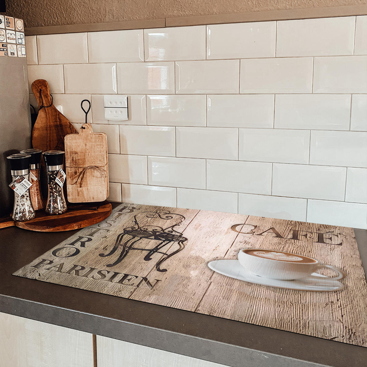 HERDABDECKPLATTE Bistro Parisien - Café - Kaffee - Jahrgang Induktionsmatte 81x52 cm - Cappuccino, Kunststoff (81/52/0.2cm) - MuchoWow