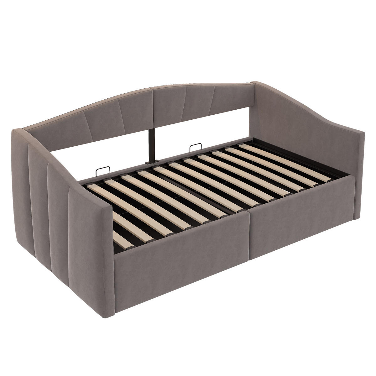 SCHLAFSOFA 90/200 cm in Grau mit Bettkasten und Armlehnen Samt - Grau, Holzwerkstoff/Textil (90/200cm) - CHICFURN