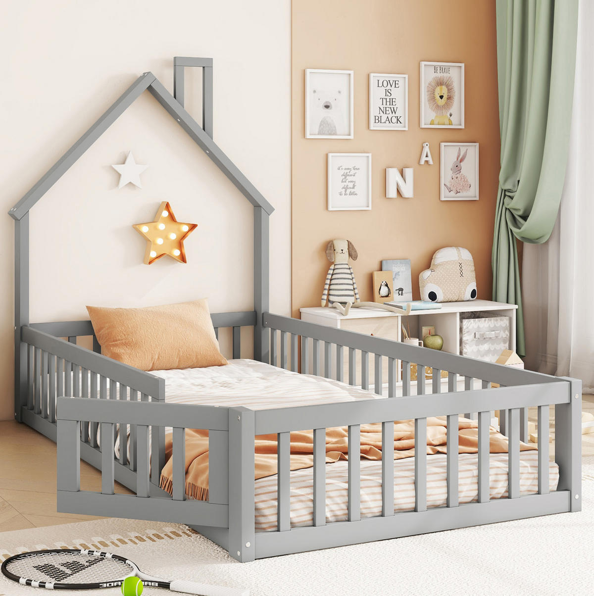 HAUSBETT 90/200 cm Grau mit Schornsteinform und Sicherheitsgitter - Grau, Holzwerkstoff (90/200cm) - Flora Grace