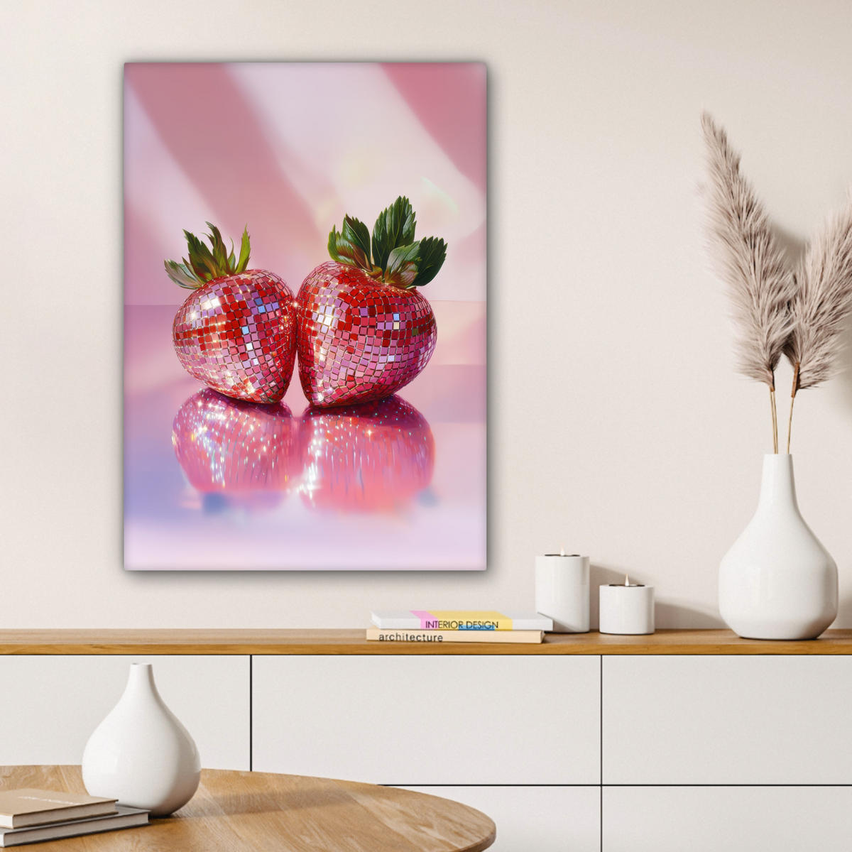 LEINWANDBILD Disco - Obst - Glitzer - Erdbeere 60x80 cm - Pink, Textil (60/80cm) - MuchoWow