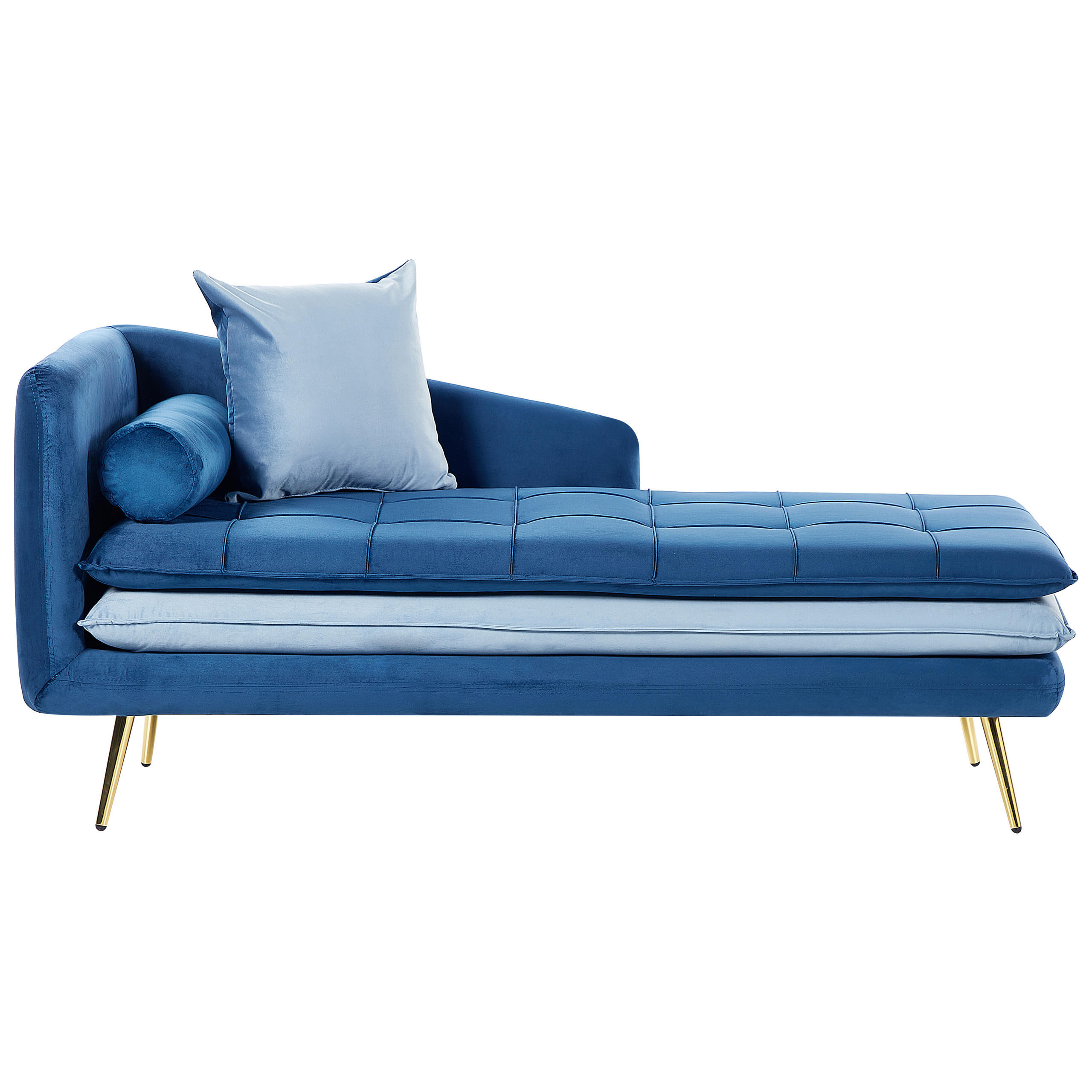 ČALOUNĚNÉ LEHÁTKO CHAISE LONGUE Sametová látka modré levostranné Gonesse - zlatá/tmavě modrá, textil (160/72/79cm) - Beliani