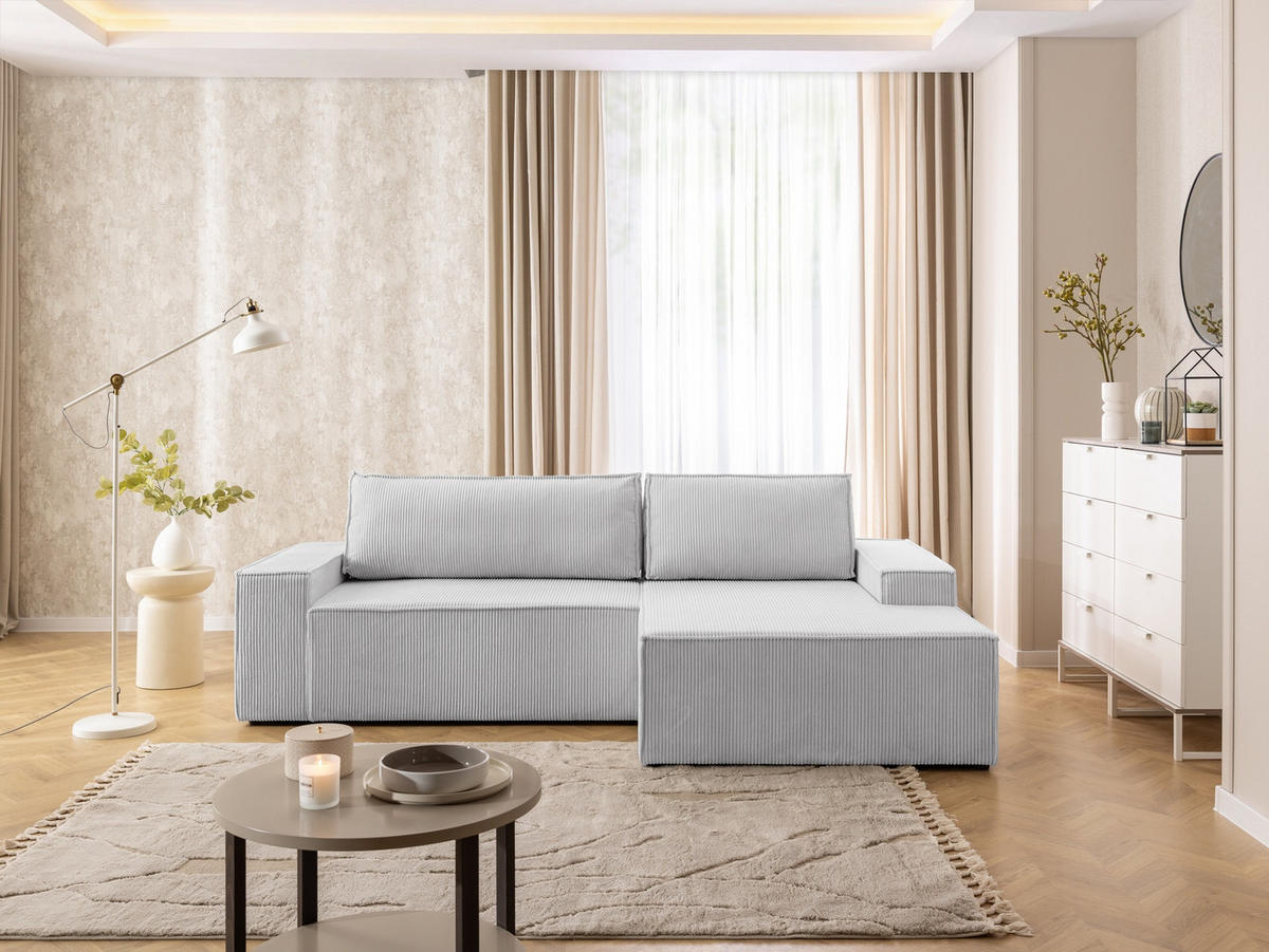 ECKSOFA Rivio mit Schlaffunktion und Bettkasten, Cordstoff Hellgrau - Hellgrau/Schwarz, Holz/Kunststoff (262/149cm) - S-Style