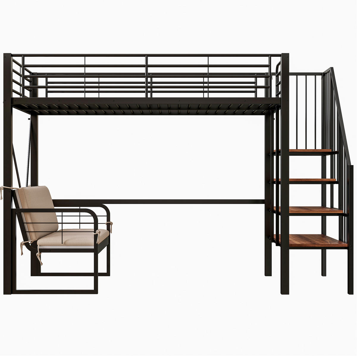 PATROVÁ postel 90/200 cm černá z kovu a MDF s úložnými schody a odnímatelnou pohovkou - černá, kompozitní dřevo (90/200cm) - OKWISH