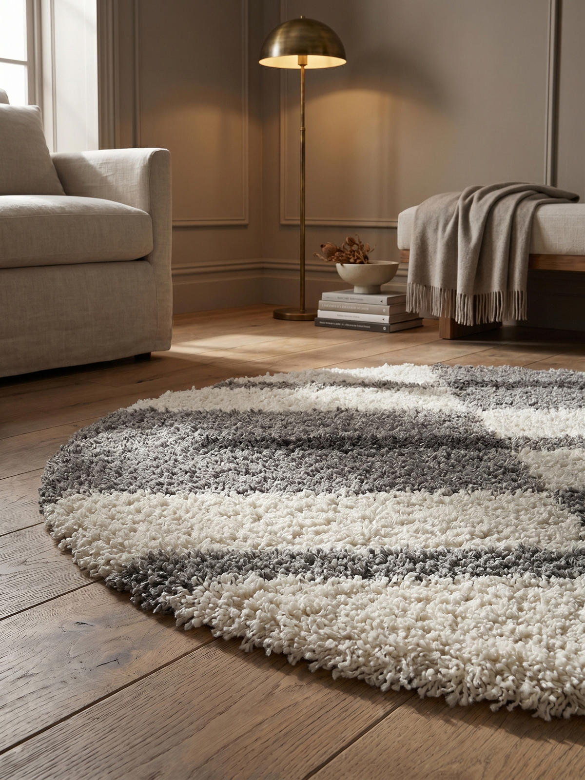 TEPPICH Hochflor Shaggy Karo Weich Flauschig Waschbar Schlafzimmer Rund Hellgrau 80x80 cm – WERFEN - Grau, Textil (80/80cm) - KADIMA DESIGN