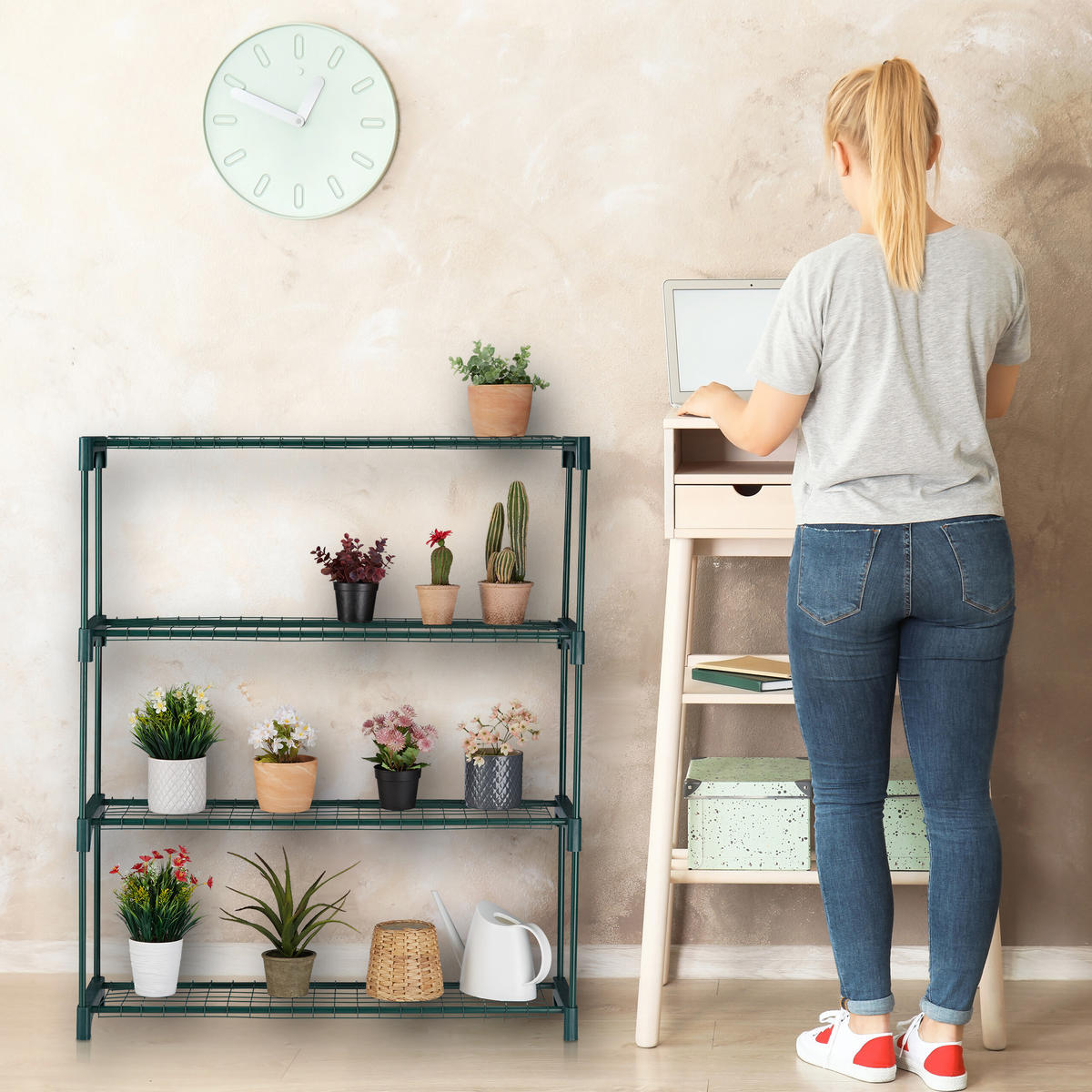 2XPFLANZENREGAL - Dunkelgrün, Kunststoff/Metall (91/106/28cm) - Relaxdays