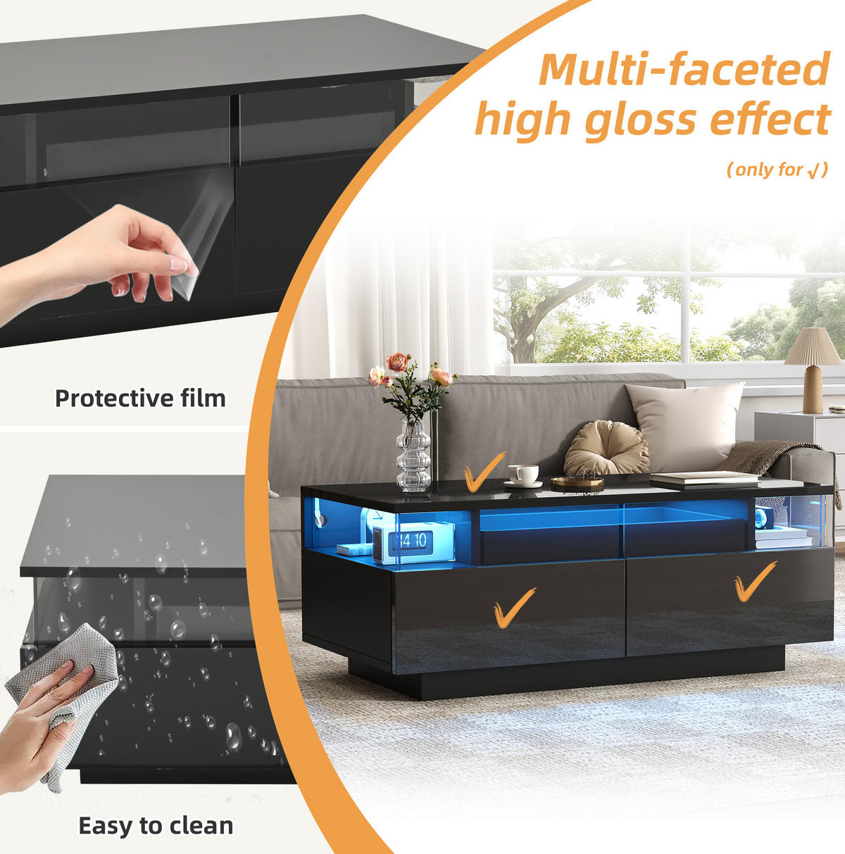 COUCHTISCH 90/45/35.5 cm in Schwarz aus MDF und Glas mit LED-Licht und Stauraum - Schwarz, Holzwerkstoff (90/45/35.5cm) - OKMYHOME