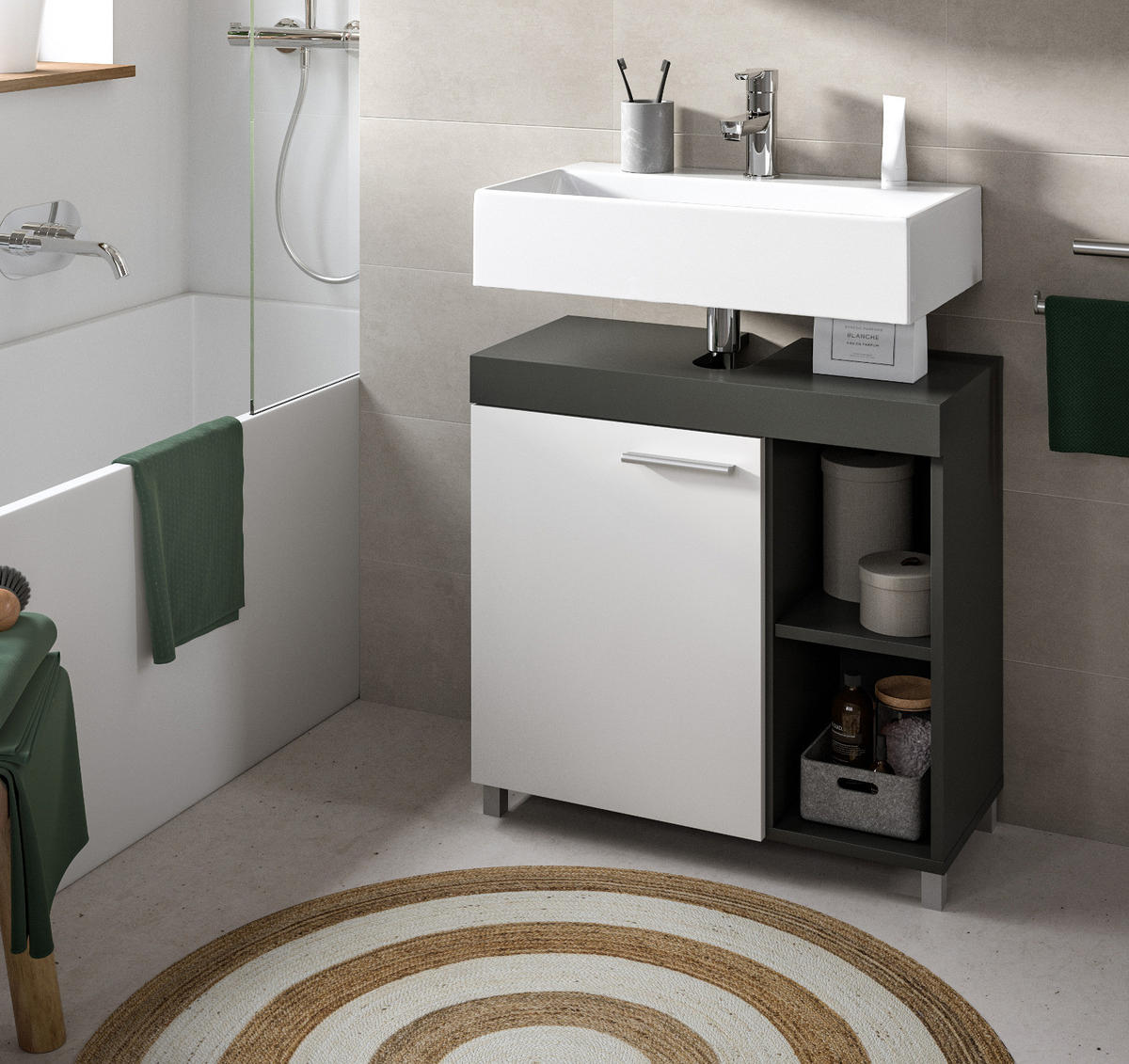 WASCHBECKENUNTERSCHRANK grau, weiß 65 cm, Unterschrank 1-türig - Silberfarben/Weiß, Holzwerkstoff/Kunststoff (65/63/31cm) - Inn.Furn