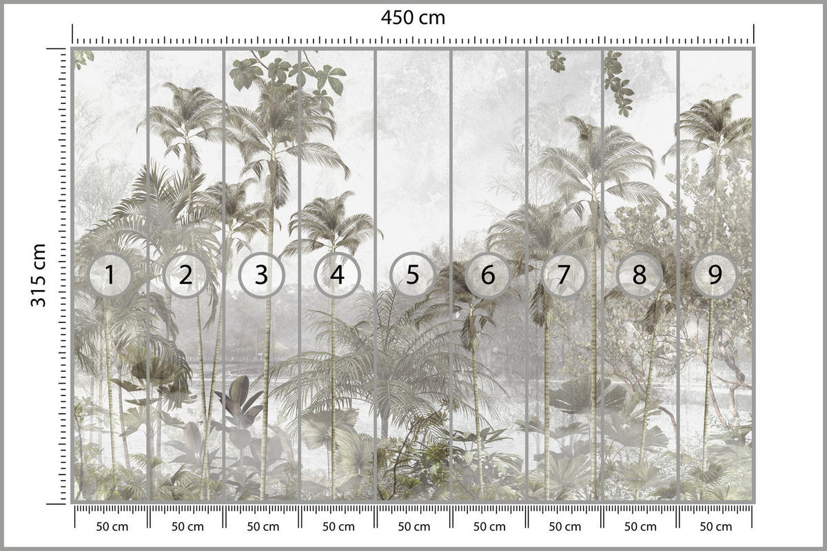 FOTOTAPETE für Wohnzimmer Tropische Bäume Fluss Grau Palmen 450x315 - Beige/Grau, Papier (450/315cm) - Muralo