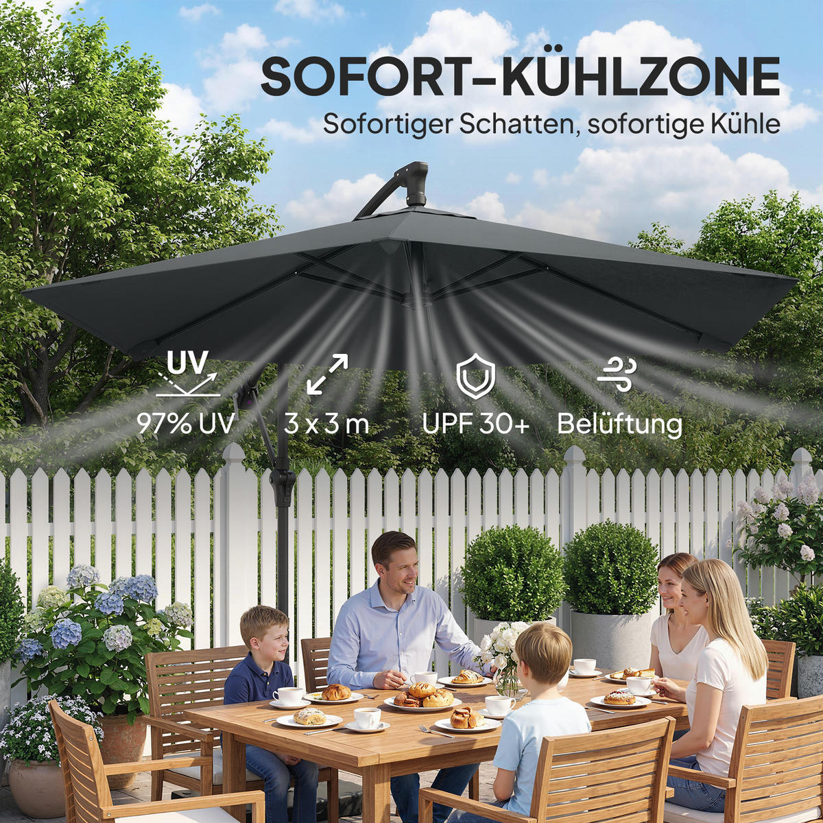 SLUNEČNÍ DEŠTNÍK z kovu a polyesteru, tmavě šedý - tmavě šedá, textil (295/302cm) - Outsunny