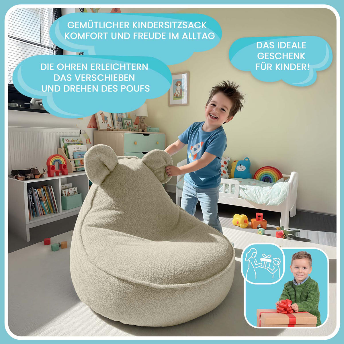 SITZSACK FÜR KINDER Maus 75/75/55 cm, weicher Bouclé 315 g/m², abnehmbarer Bezug, Toasted Almond - Beige, Textil (75/55/75cm) - Dreamroots