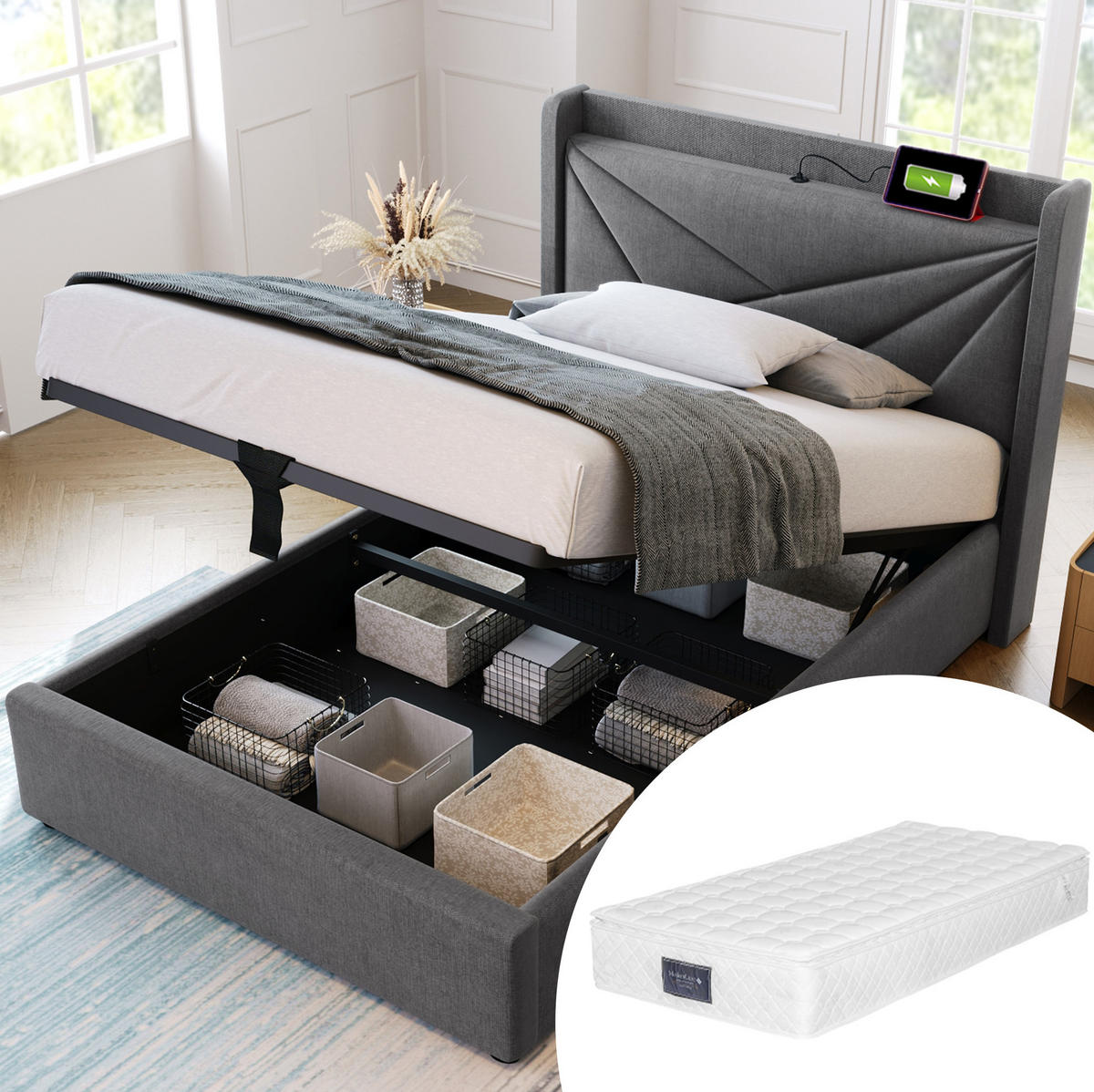 POLSTERBETT 90/200 cm Grau mit Bettkasten, Matratze und USB- und Type-C-Anschlüssen - Grau, Textil (90/200cm) - Flora Grace