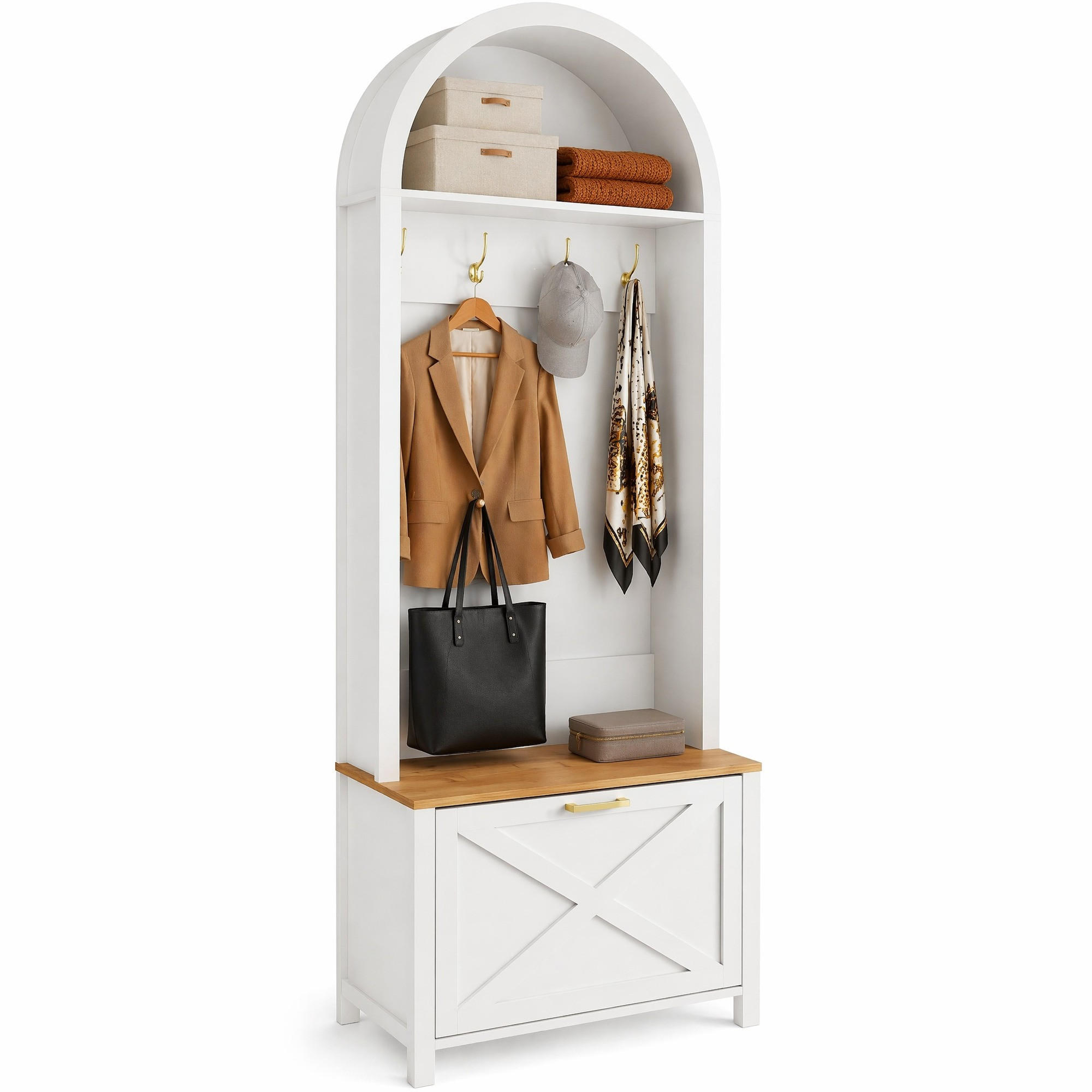GARDEROBE-SET in Weiß mit Schuhregal und Hake für Eingangsbereich und Flur, B75/T35/H195 cm - Weiß/Naturfarben, Holzwerkstoff/Metall (75/195/35cm) - STILVORA