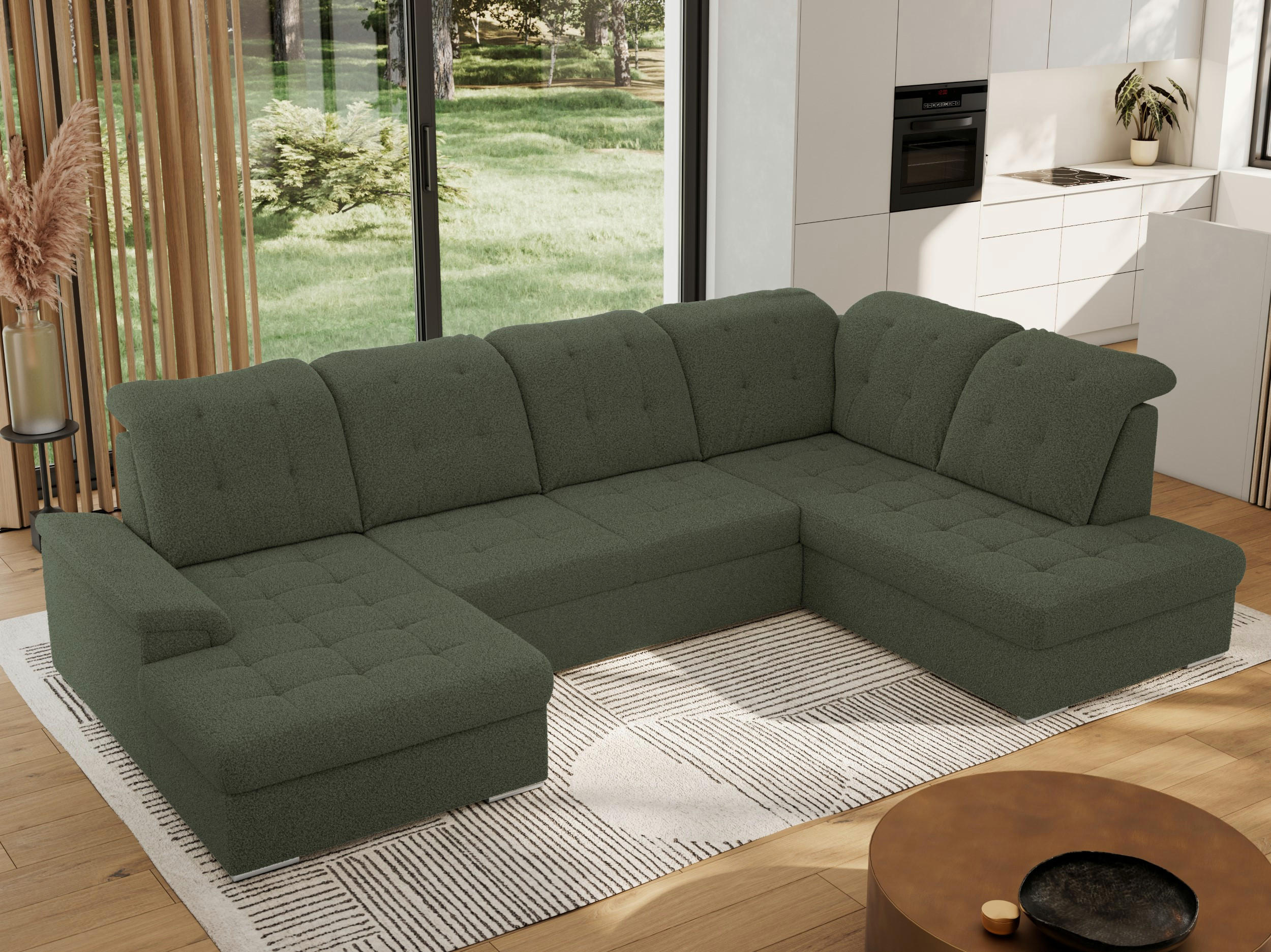 WOHNLANDSCHAFT MADRITO U - Grün Boucle - Rechts - Silberfarben/Grün, Textil/Metall (323/89/204cm) - MKS