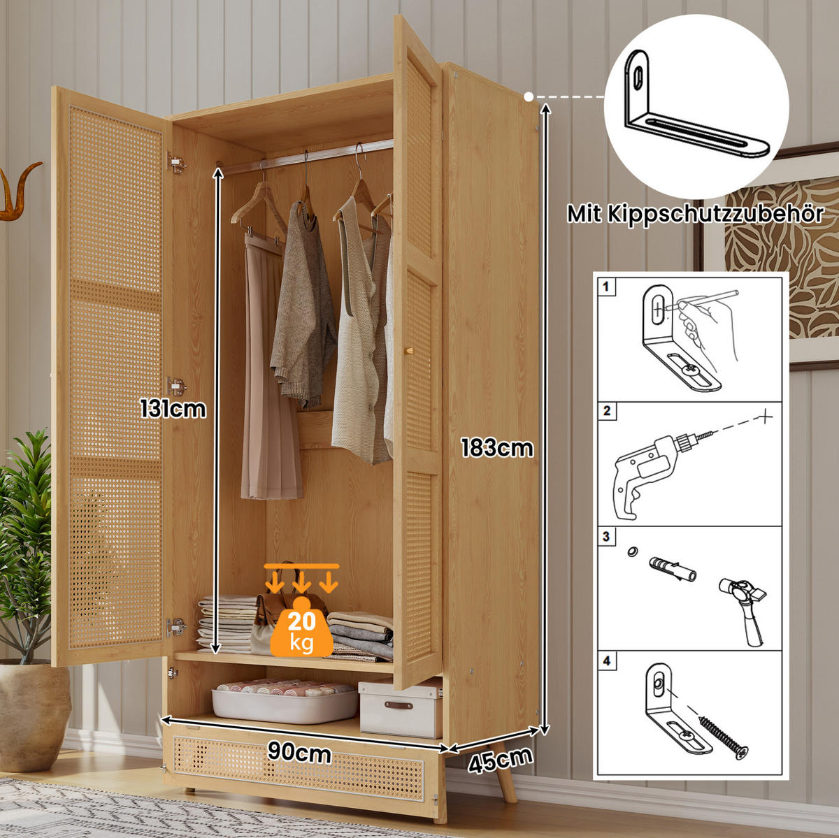 KLEIDERSCHRANK aus Spanplatte und PE-Rattan 90x45x183 cm Natur mit Kleiderstange und Flip-Top-Stauraum - Naturfarben, Holzwerkstoff (90/183/45cm) - Modfu
