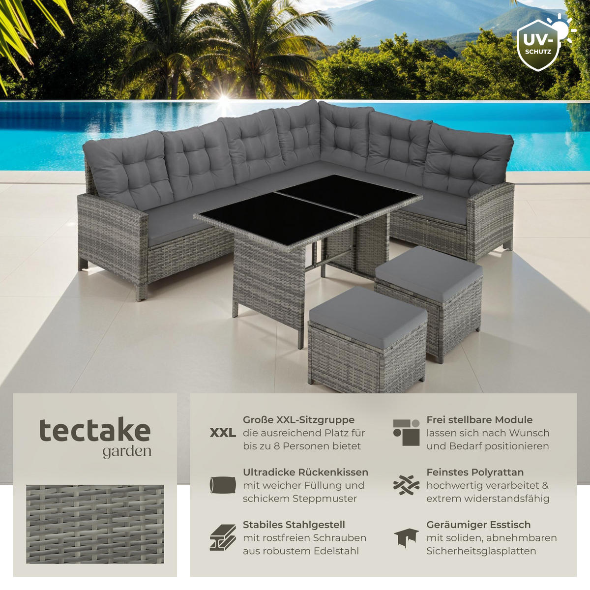 RATTANLOUNGE Barletta,mit Sicherheitsglasplatten,grau/beige - Beige/Grau, Kunststoff - tectake