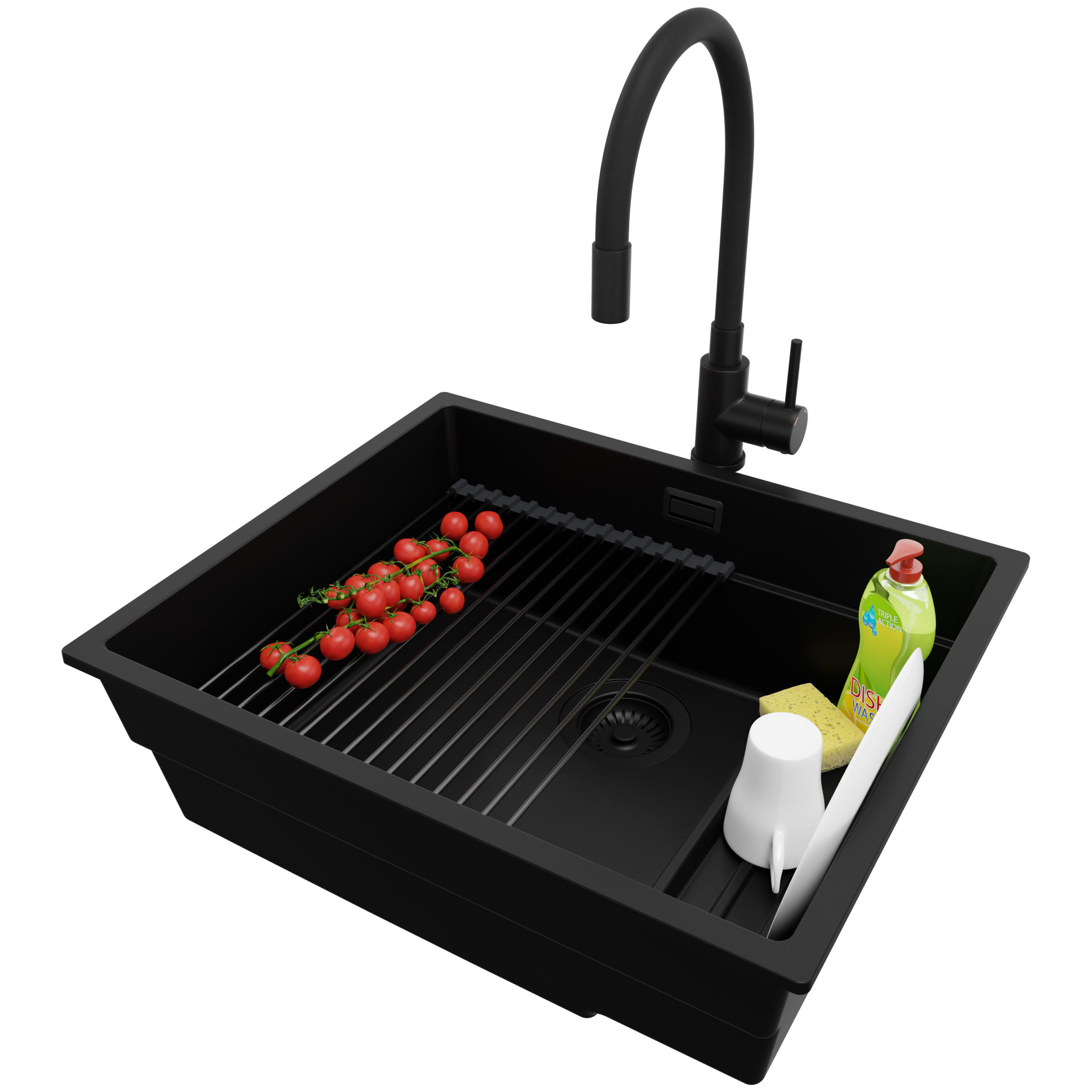 UNTERBAUSPÜLE GRANIT Praga, 2-er set Schwarz 56/47 cm 1 Becken + Küchenarmatur 40/38 cm + Ablauf-Set + Aufrollbare Abtropffläche ab 60er Unterschrank - Schwarz, Kunststoff (56/20/47cm) - Primagran