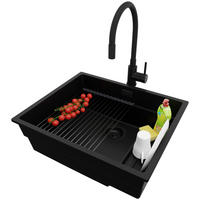 UNTERBAUSPÜLE GRANIT Praga, 2-er set Schwarz 56/47 cm 1 Becken + Küchenarmatur 40/38 cm + Ablauf-Set + Aufrollbare Abtropffläche ab 60er Unterschrank - Schwarz, Kunststoff (56/20/47cm) - Primagran