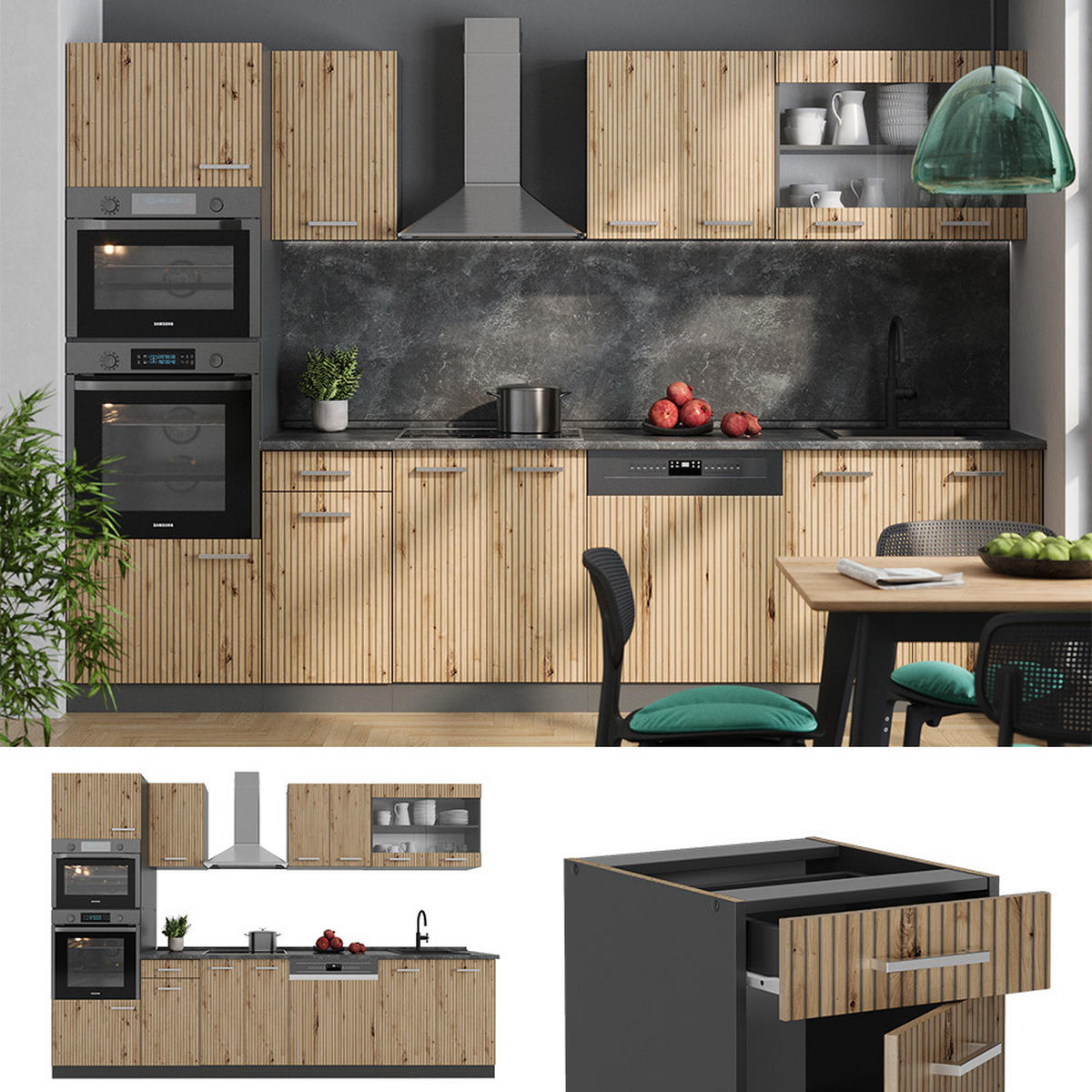 KÜCHENZEILE R-Line Artisan Eiche/Anthrazit 300 cm mit Hochschrank AP Anthrazit - Anthrazit/Eiche Artisan, Holzwerkstoff (300/81.6/60cm) - Vicco