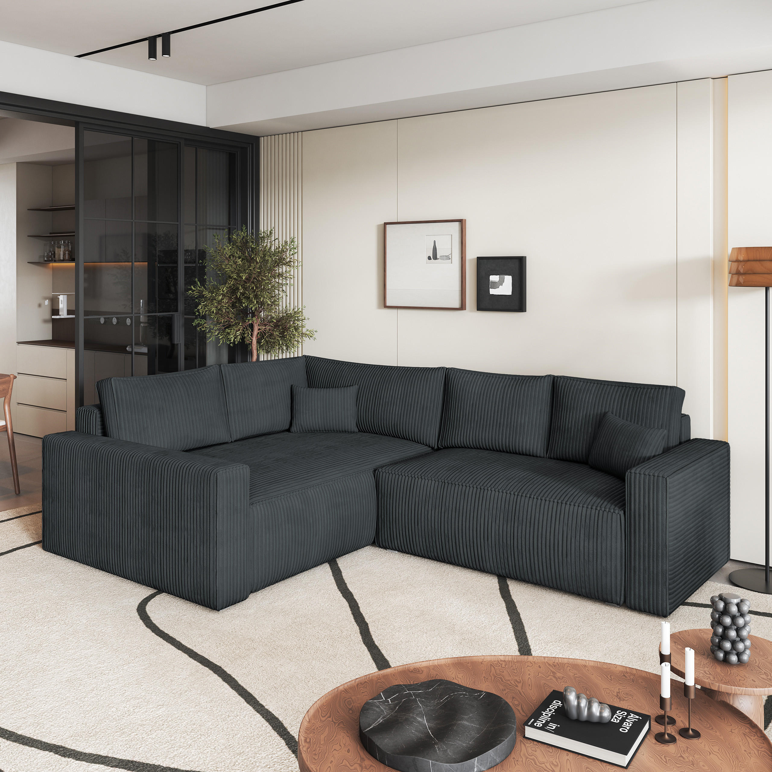 ECKSOFA ERONIS L-S Graphitfarben Kordstoff mit Schlaffunktion - Graphitfarben, Holz (265/194cm) - MASSENO