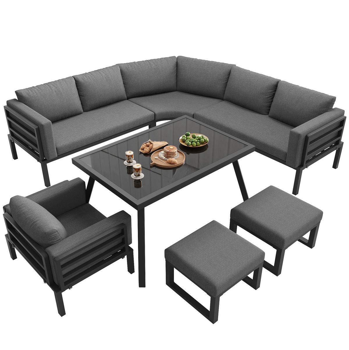 GARTENLOUNGE 114/67/77 cm grau aus Eisen mit Glastisch und 8 cm Polstern - Grau, Metall - OKWISH