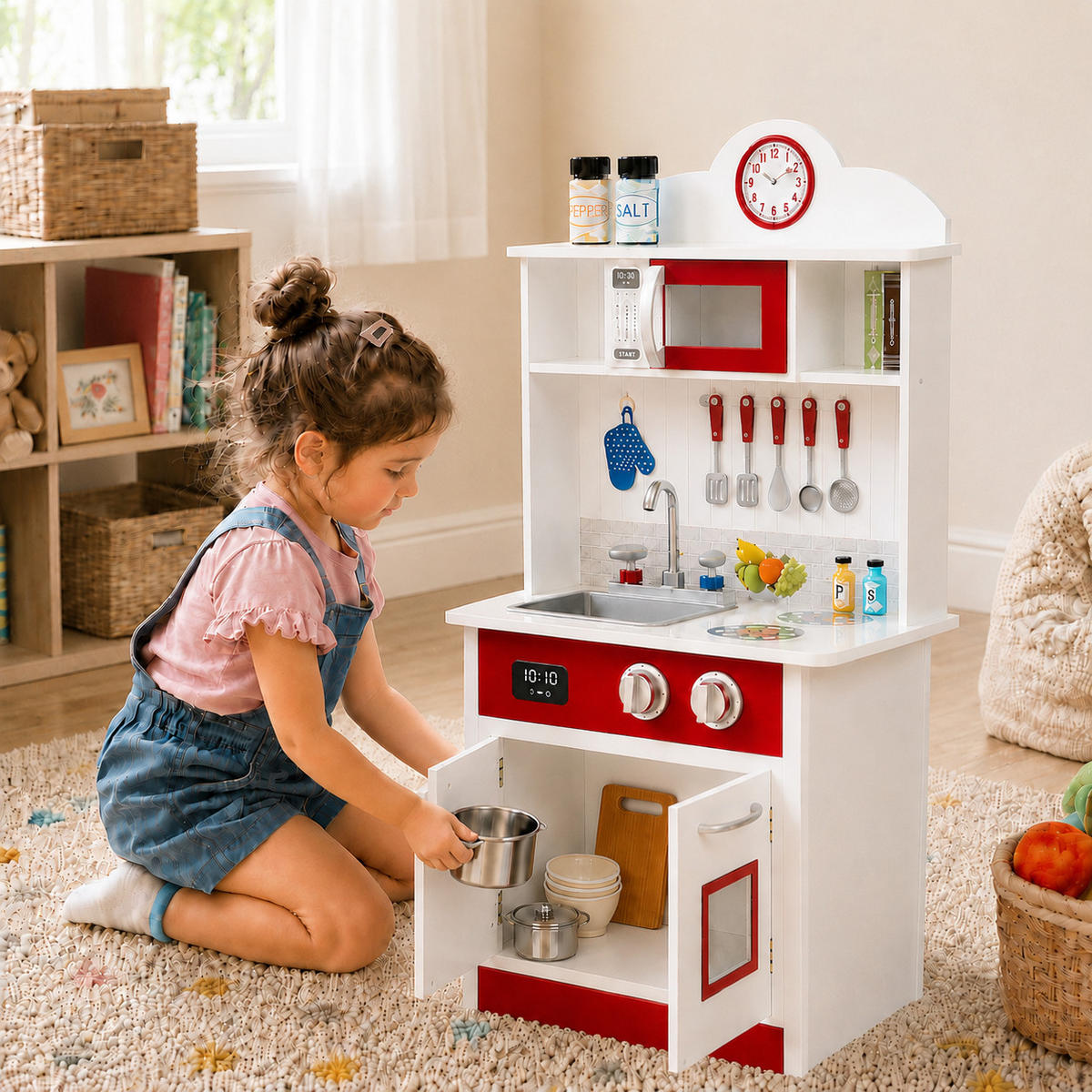 KINDERKÜCHE Spielküche, Rot/Weiß, 93cm - Rot, Holzwerkstoff (48/32/93cm) - Teamson Kids