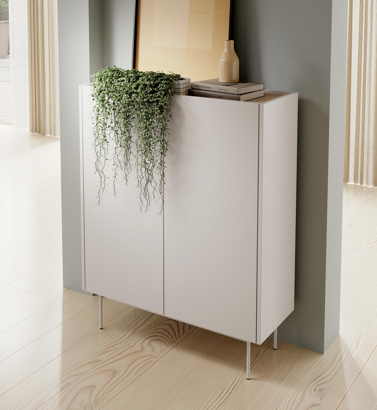 HOHE Kommode 2 Türen Laris - 97 cm, Beige - Kaschmir/Beige, Holz/Metall (97/122/37cm) - Emporius