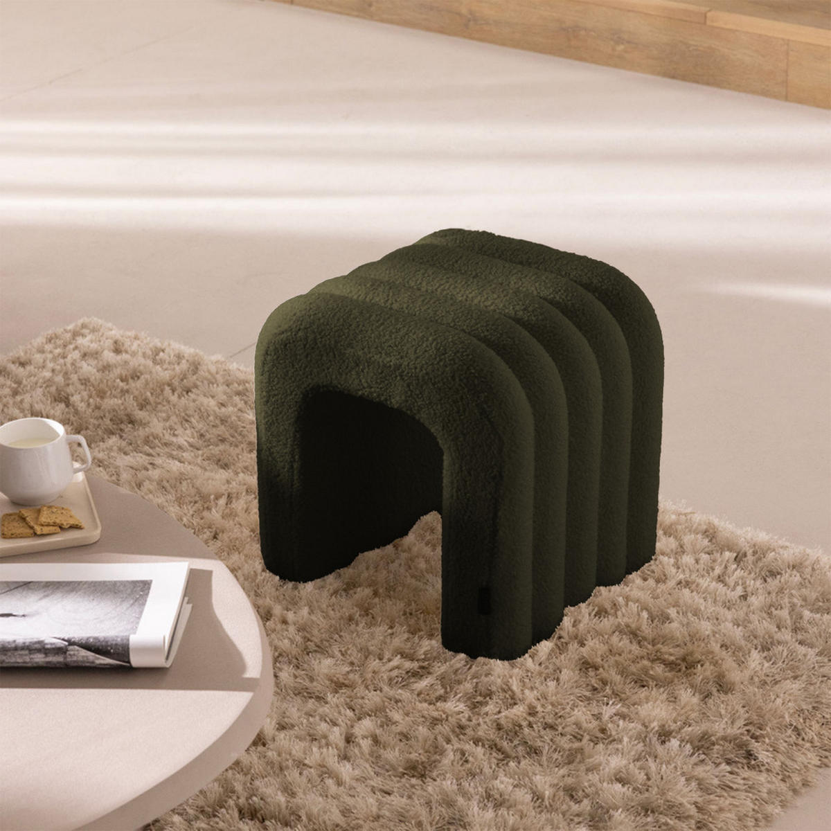 POLSTERHOCKER aus Boucle-Stoff - MUI - Grüner Khaki - Grün, Textil (41/42/35cm) - Drawer