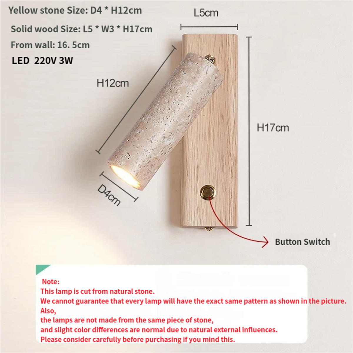 WANDLEUCHTE, 17 × 5 cm - Eiche Bianco, Stein (5/16.5/17cm) - Weltevree
