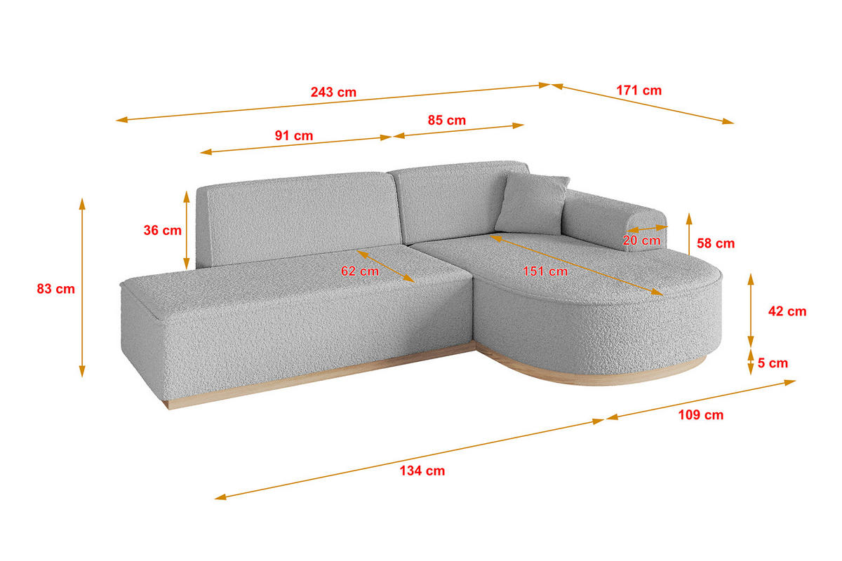 ECKSOFA Ottomane Rechts ARRIO-L1 - 243x171x83 cm Hellgrau - Hellgrau/Schwarz, Holzwerkstoff/Kunststoff (243/171cm) - ALTDECOR