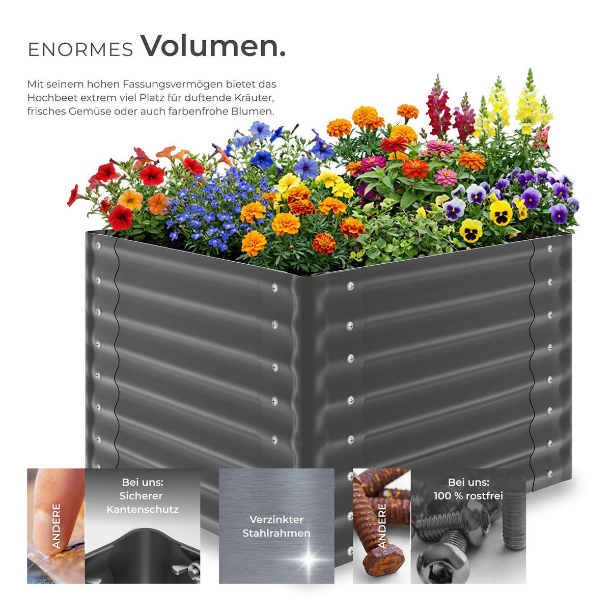 HOCHBEET Salvia, verzinkt, 80 x 80 x 62 cm, 380 l, inkl. Handschuhe, grau - Grau, Metall (80/62/80cm) - tectake