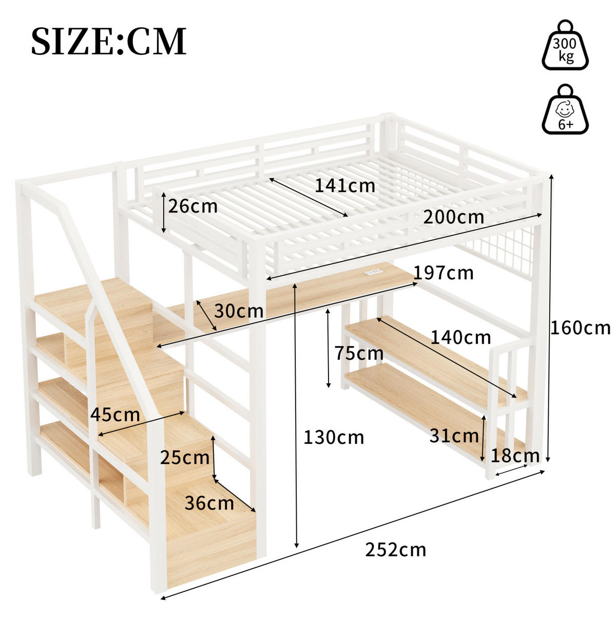 HOCHBETT 140/200 cm in Weiß mit Schreibtisch, LED-Beleuchtung und Stauraum - Weiß, Metall (140/200cm) - Flora Grace