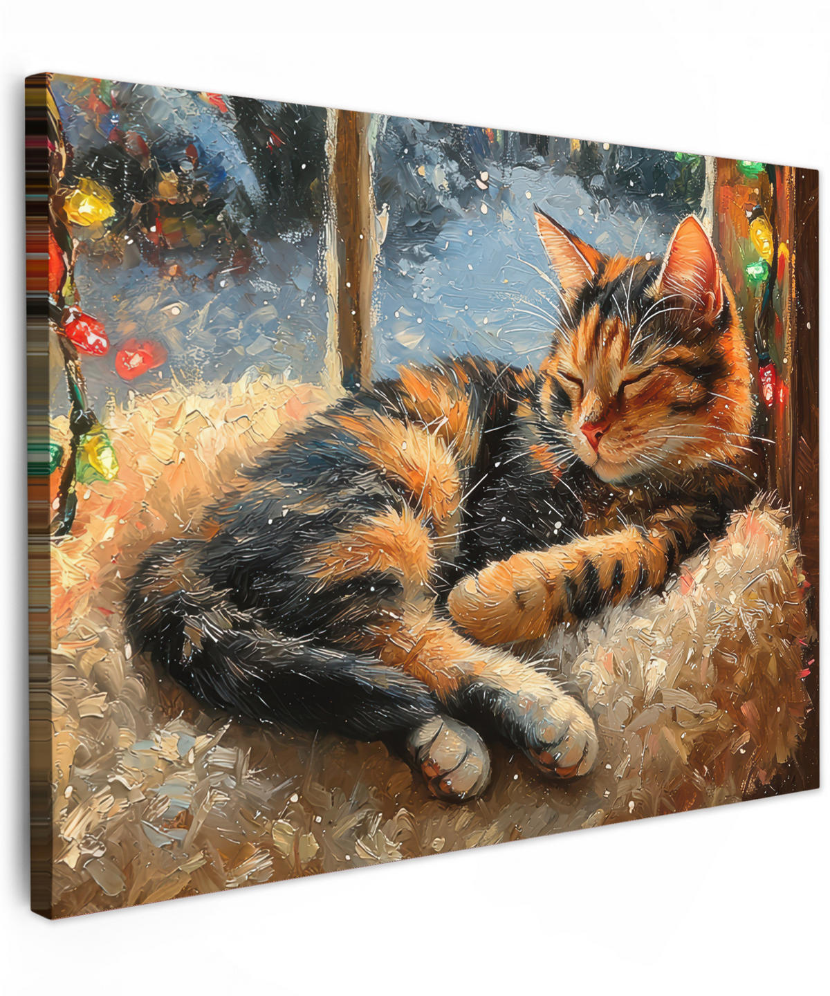LEINWANDBILD Katze - Weihnachten - Winter - Tier Wandbilder 80x60 cm - Bernsteinfarben, Textil (80/60cm) - MuchoWow