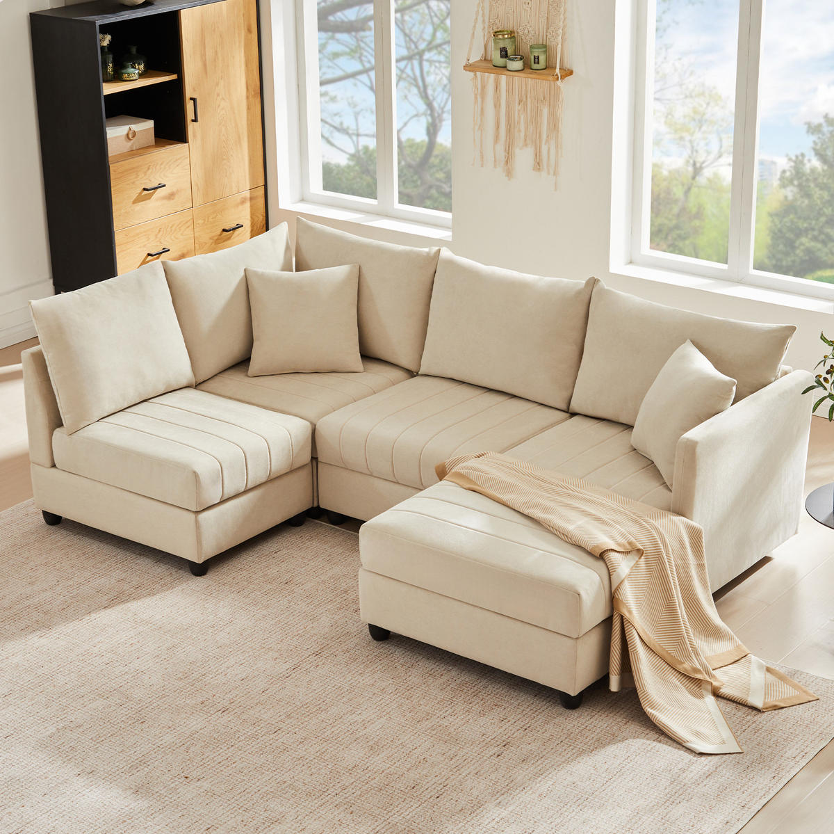 ROHOVÁ sedací souprava 220/194/85 cm béžová z bavlny a lnu s modulárním taburetem - béžová, textil (194/220cm) - OKWISH