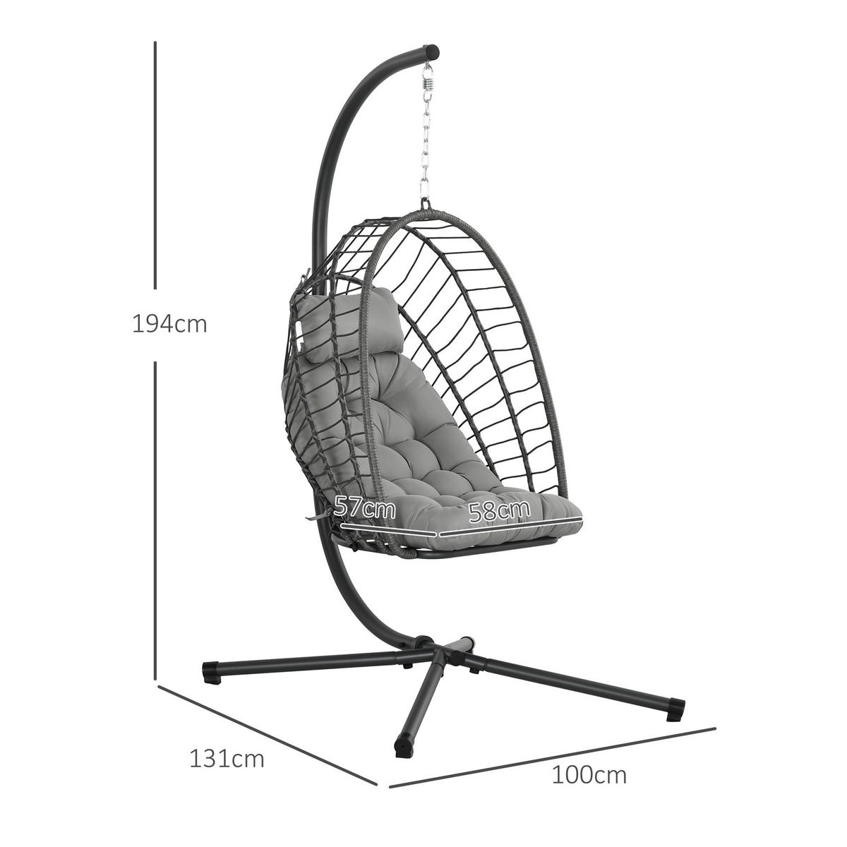 HÄNGESTUHL Höhe 194 cm, klappbarer Hängekorb, Kissen, bis zu 100 kg, Hellgrau - Hellgrau, Kunststoff (131/194/100cm) - Outsunny