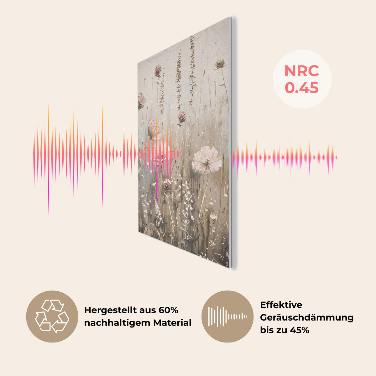 AKUSTIKBILD Blumen - Rosa - Modern - Beige Wanddeko 60x90 cm - Beige, Kunststoff (60/90/0.9cm) - MuchoWow