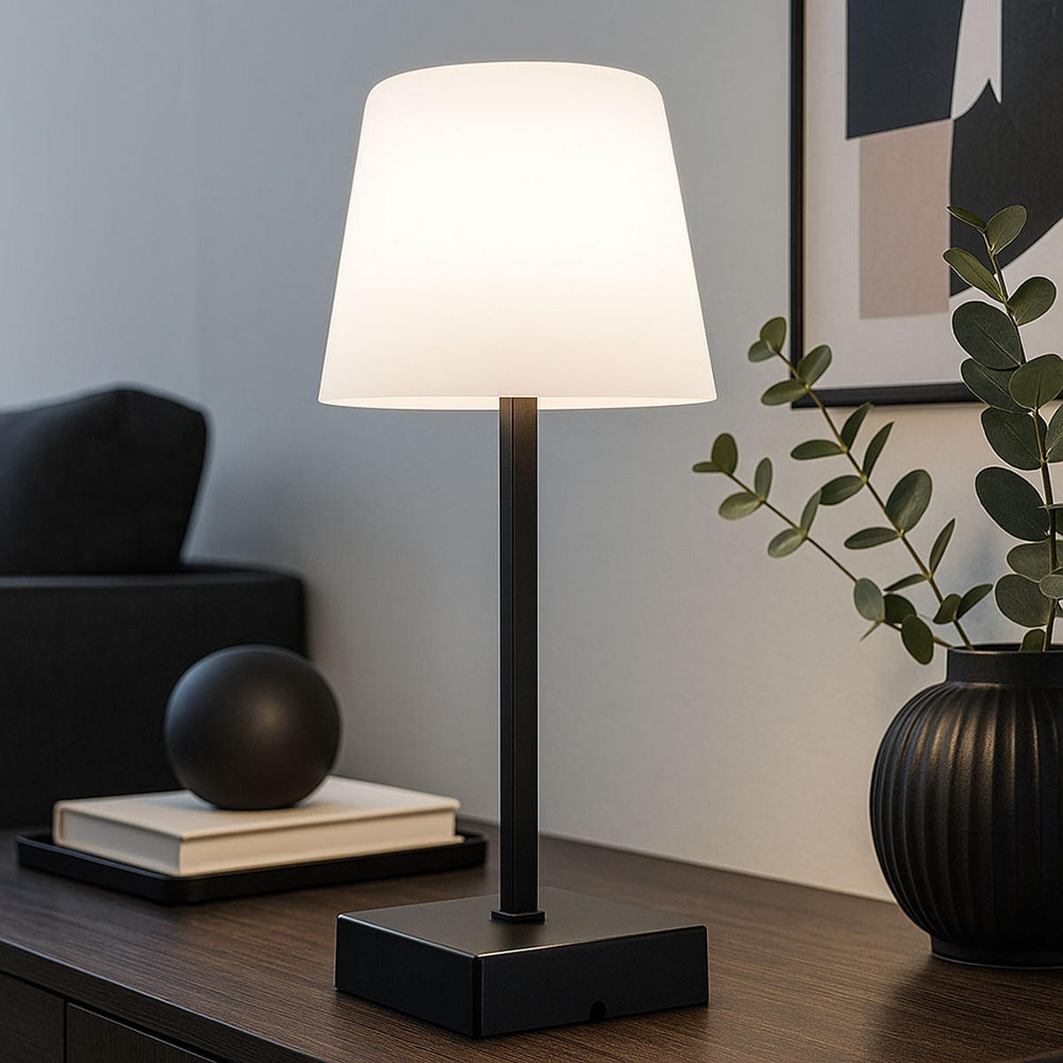 LED TISCHLEUCHTE schwarz Touchdimmer opal - Schwarz, Metall (8.5/8.5/25.5cm) - Globo Lighting