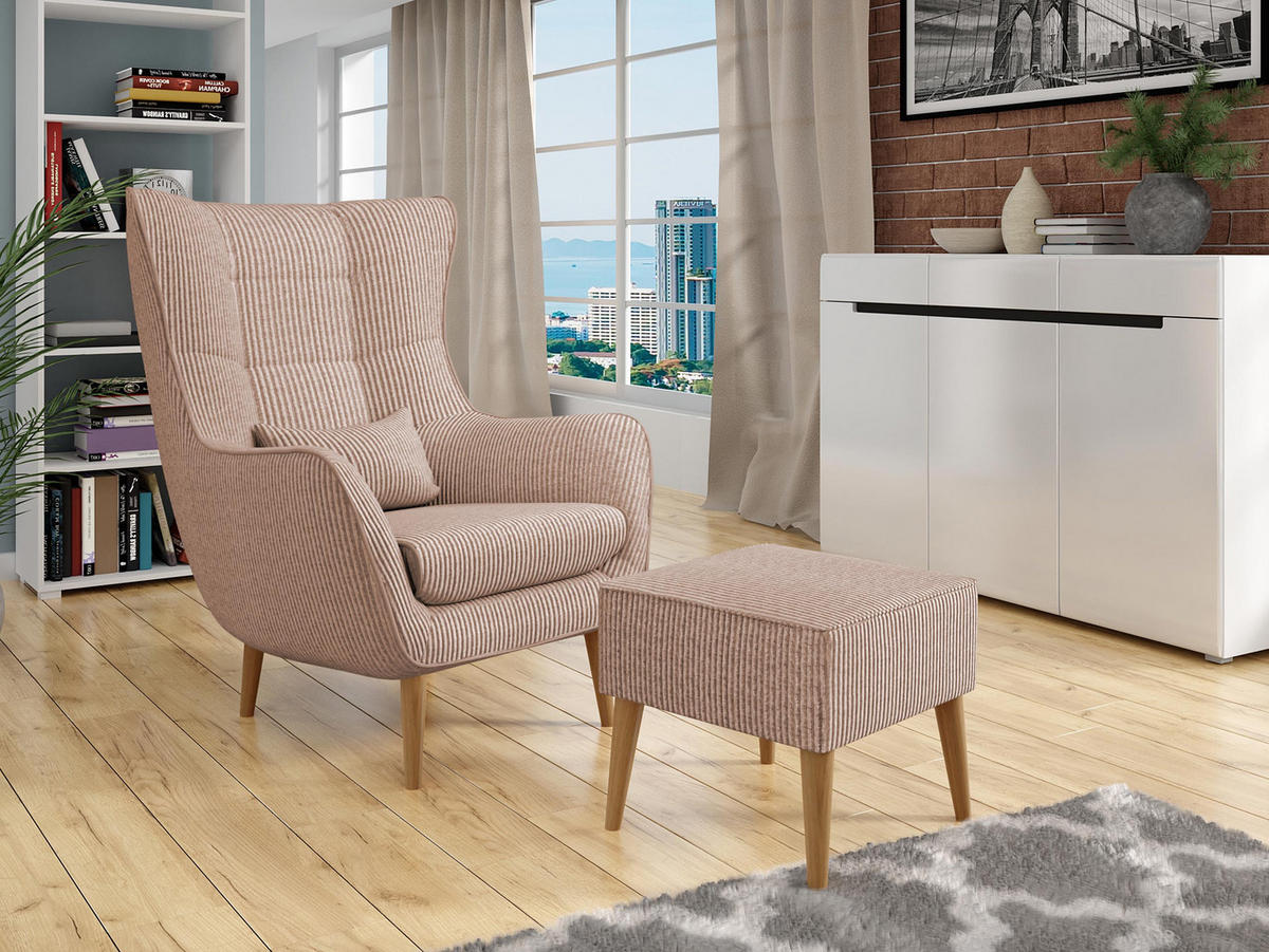 SESSEL Estjano Cord mit Fußbank - Hellrosa/Beige, Holz (80/106/95cm) - MIRJAN24