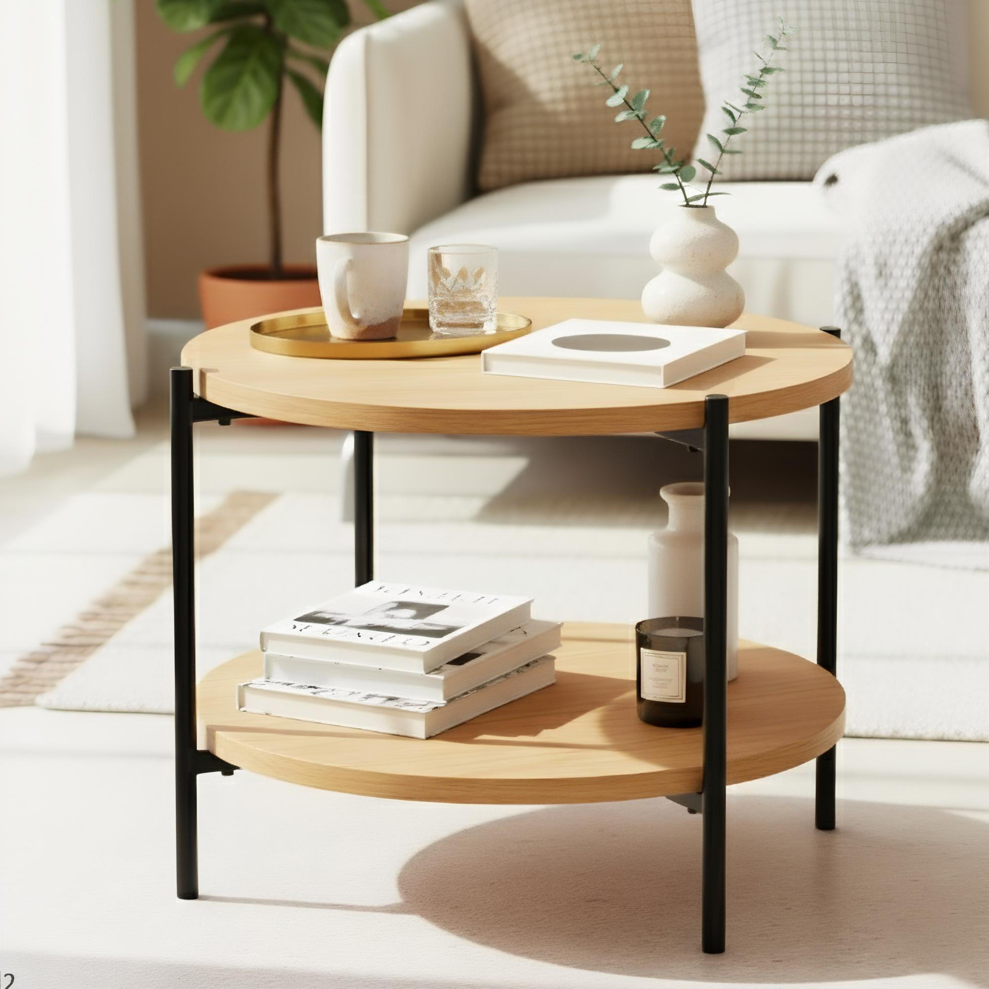 COUCHTISCH rund 50 cm Holz Natura - Eukalyptusholzfarben/Schwarz, Holz/Metall (50/50/40cm) - CLP