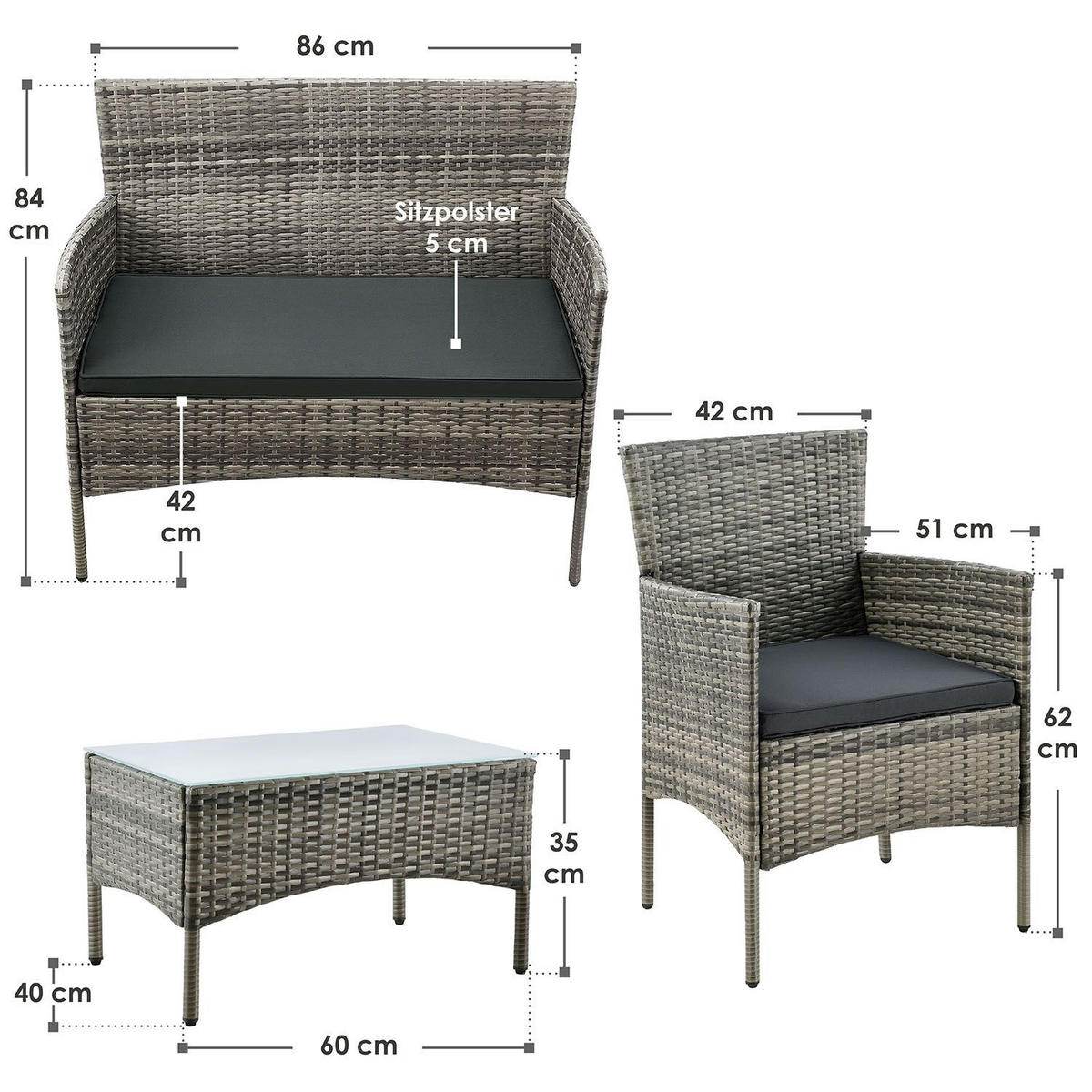 GARTENSET Fort Myers grau-meliert / dunkelgrau inkl. Abdeckung - Grau, Kunststoff/Metall - Juskys