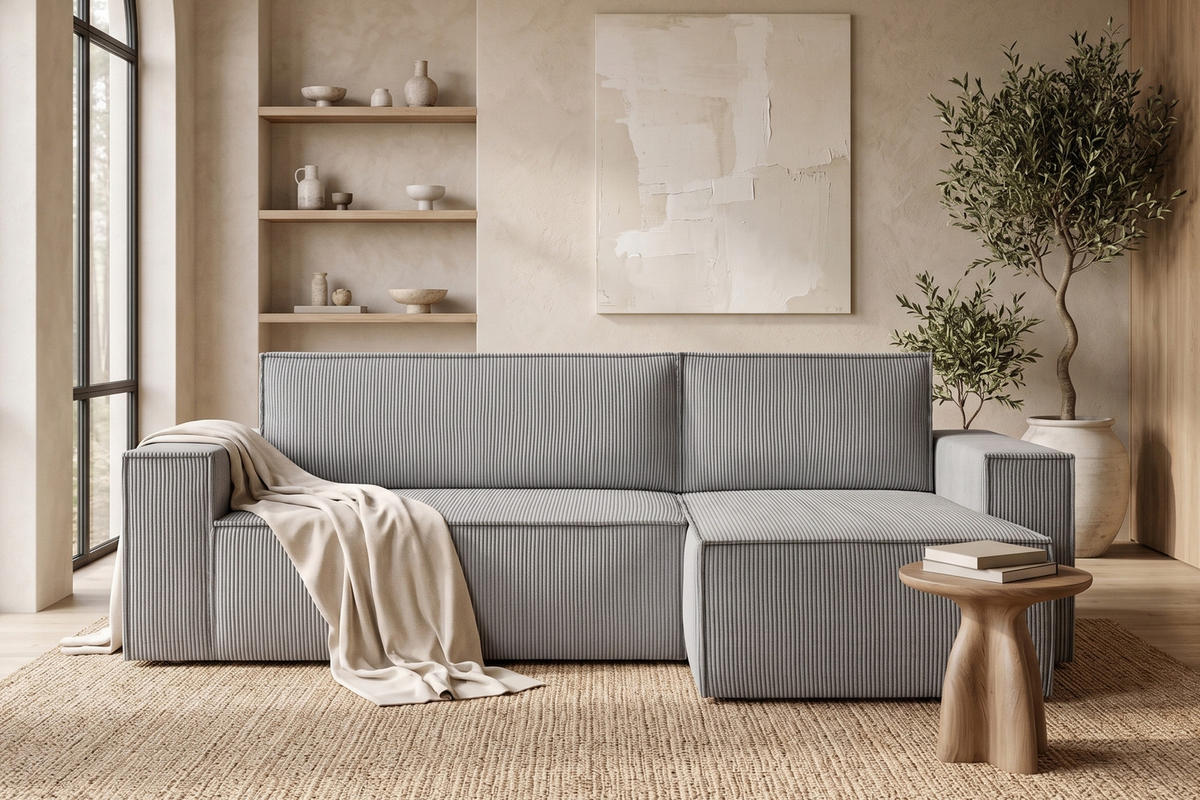 ECKSOFA-LINKS/RECHTS NAPI Schlaffunktion mit Cordbezug, hellgrau - Hellgrau/Schwarz, Textil (262/148cm) - KONSIMO®