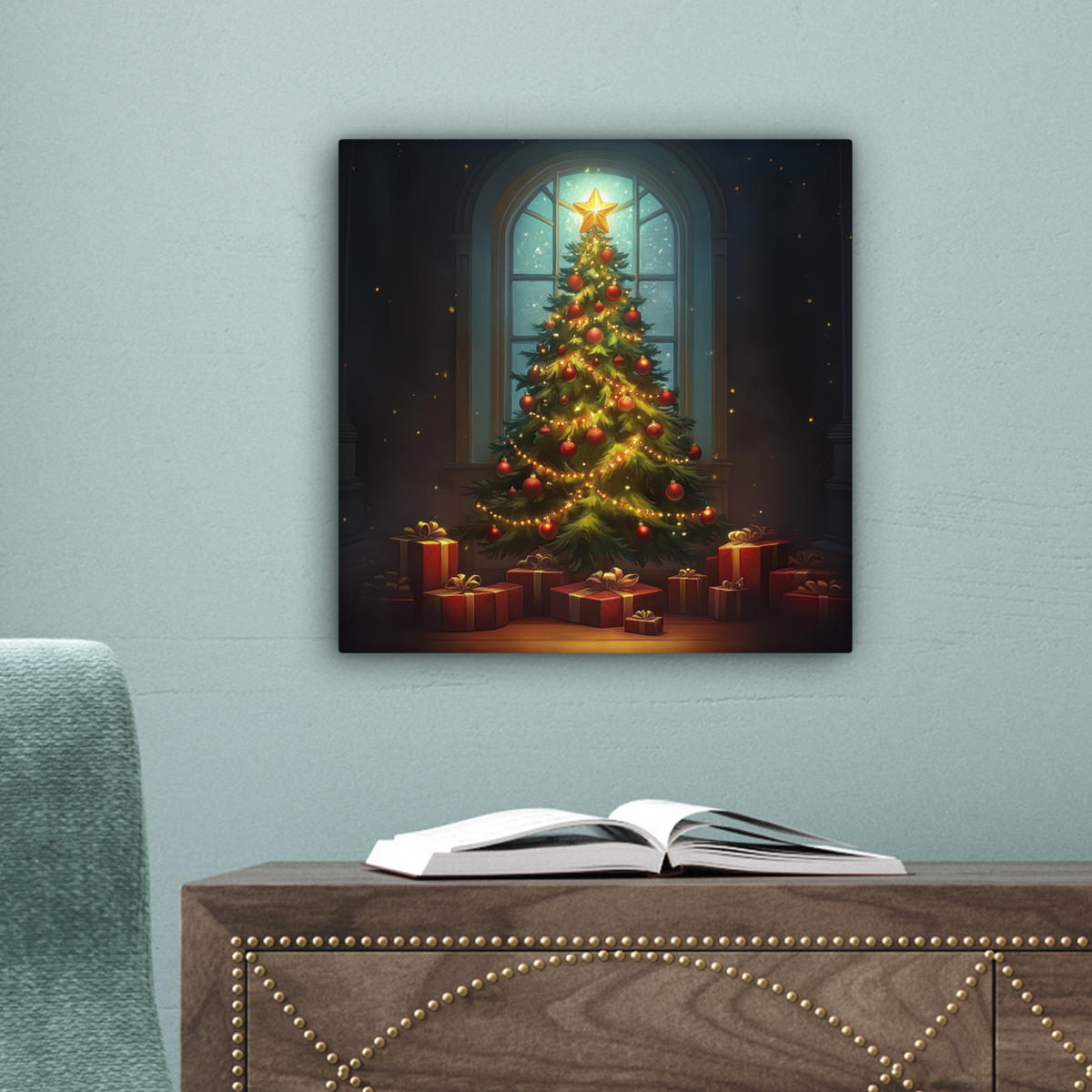 LEINWANDBILD Weihnachtsbaum - Geschenk - Winter 20x20 cm - Grün, Textil (20/20cm) - MuchoWow