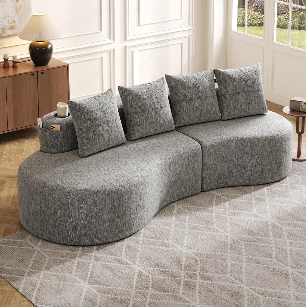 SOFA 240/109/60 cm aus Leinen mit 4 Kissen, Becherhaltern und Seitentaschen Hellgrau - Hellgrau, Textil (109/63/240cm) - Modenvie