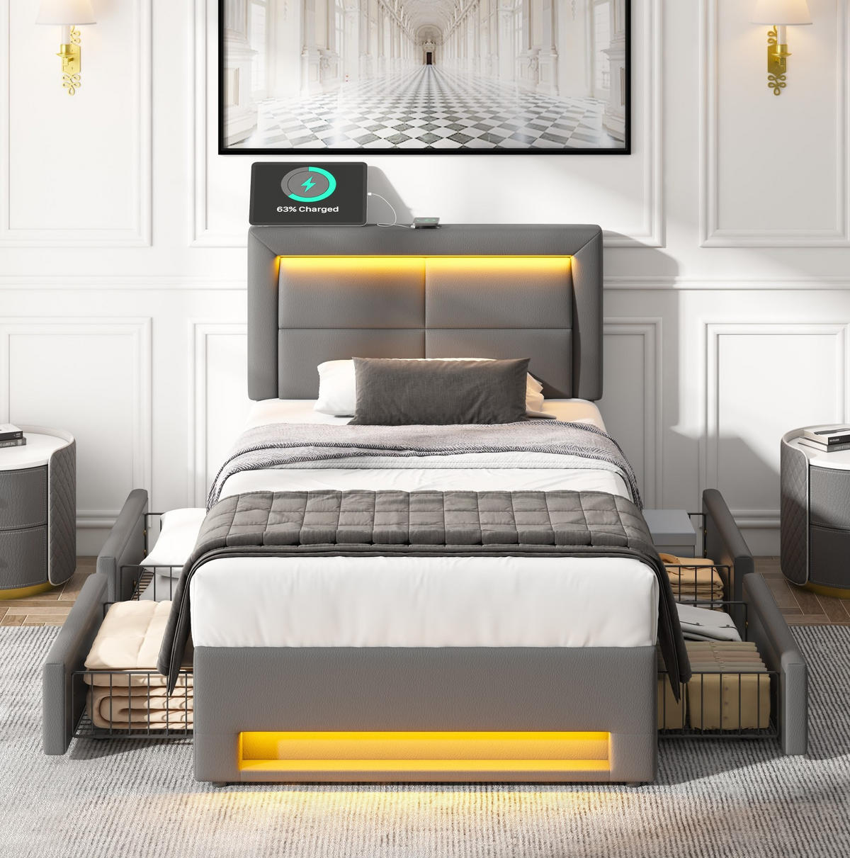 POLSTERBETT 90/200 cm mit USB-Ladefunktion, LED-Beleuchtung und 4 Schubladen, PU, Grau - Grau, Kunststoff (90/200cm) - Redom