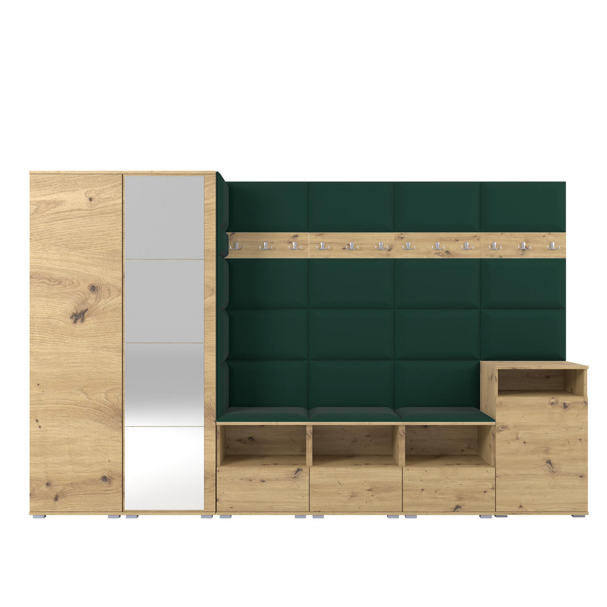GARDEROBE NELA XII 300 cm (Modulare Flurmöbel Artisan Eiche mit Spiegel & Sitzpolster Flaschengrün 28 Gigantisches Set) - Dunkelgrün/Silberfarben, Holz/Holzwerkstoff (300/187/40cm) - Ravio